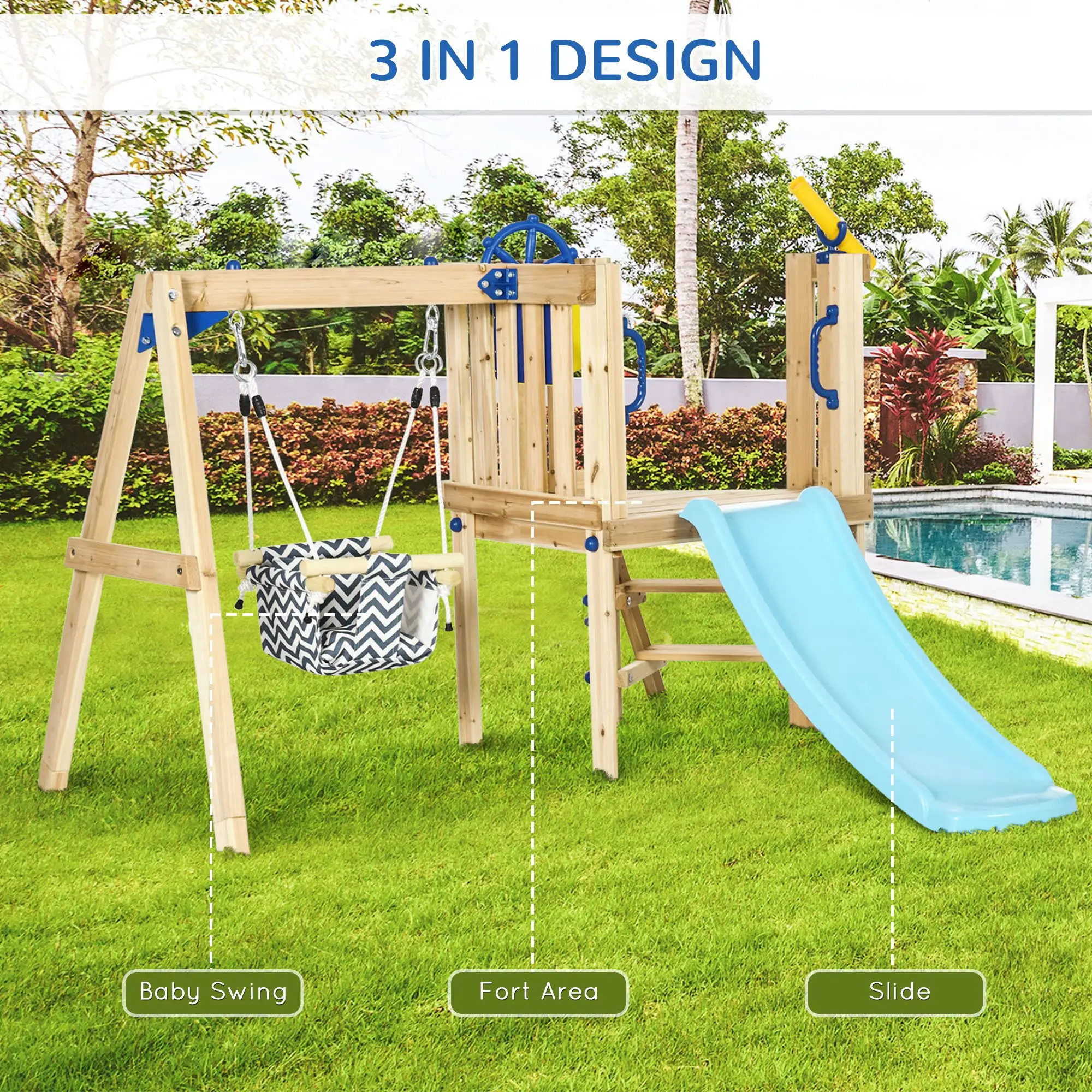 Wooden Kids Swing Set With Slide, Swing Seat, Captain's Wheel, Telescope, Natural - Image 4