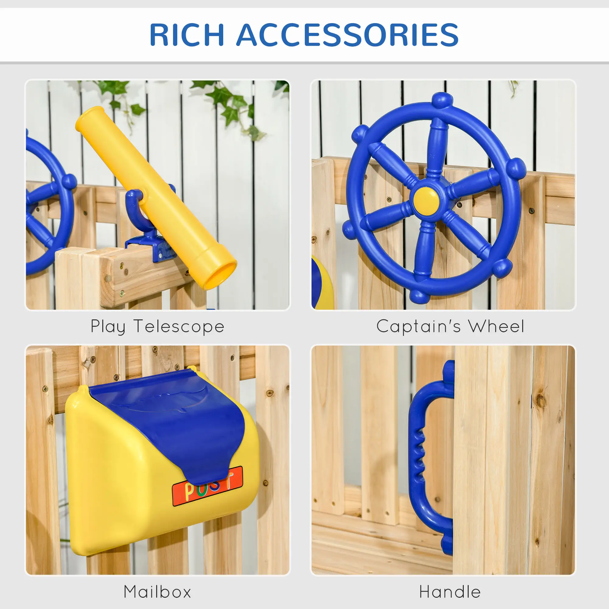 Wooden Kids Swing Set With Slide, Swing Seat, Captain's Wheel, Telescope, Natural - Image 5