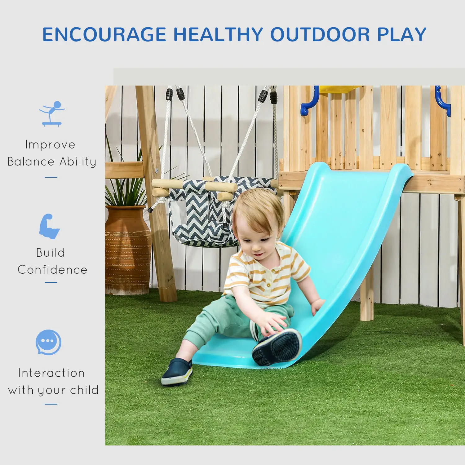 Wooden Kids Swing Set With Slide, Swing Seat, Captain's Wheel, Telescope, Natural - Image 6