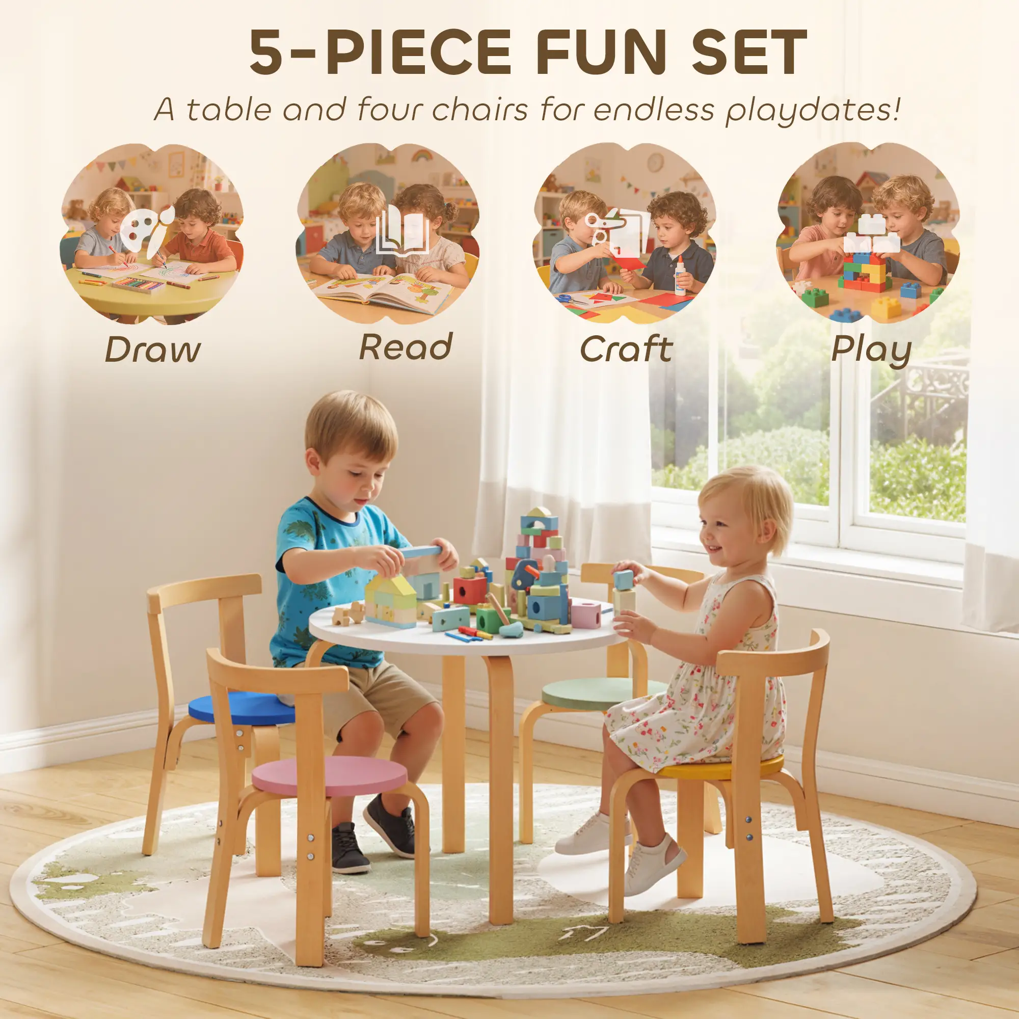 Wooden Kids Table and Chairs Set, for 3-8 Years, Multi-Coloured - Image 4