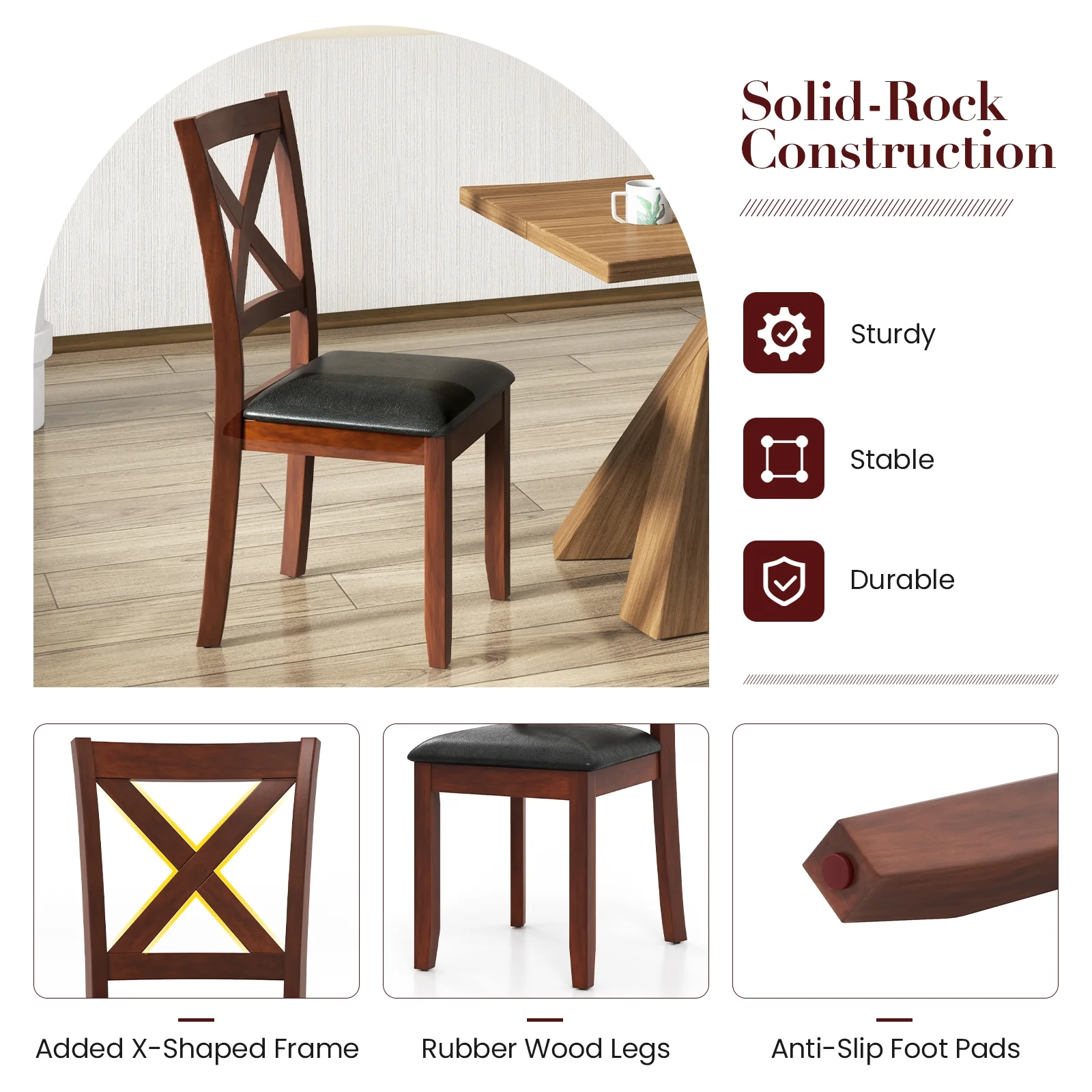Wooden Kitchen Dining Chair Set, 2 Pack, Padded Seat, Black - Image 10