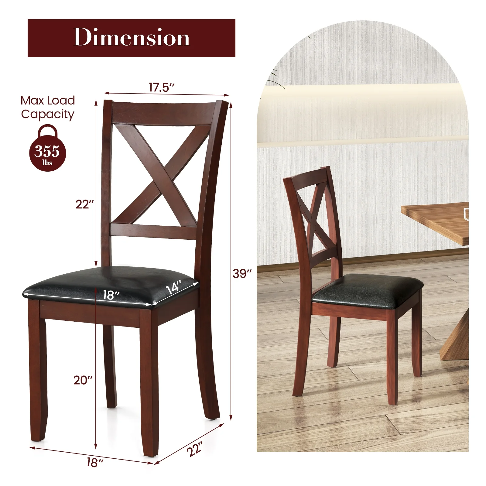 Wooden Kitchen Dining Chair Set, 2 Pack, Padded Seat, Black - Image 6