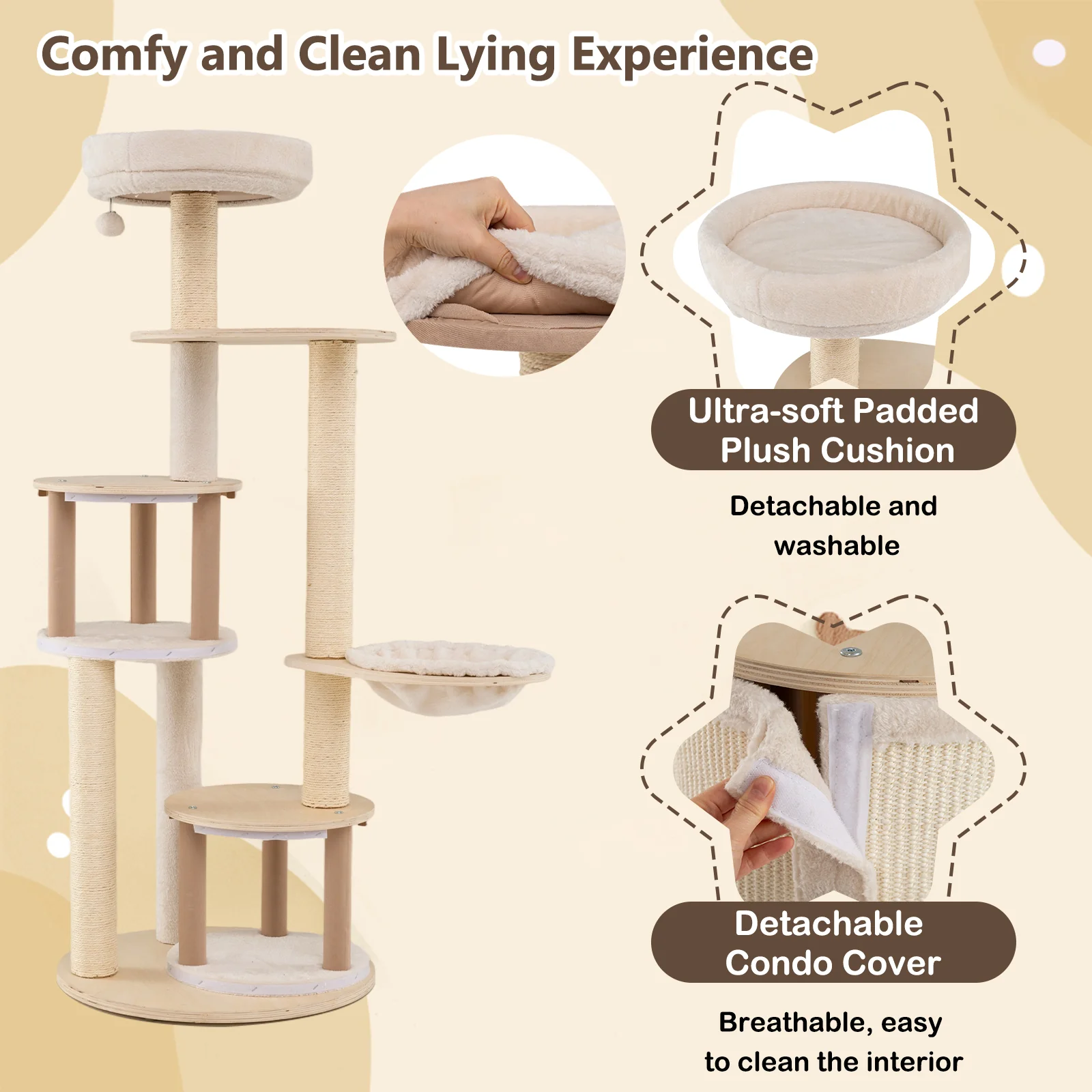 Wooden Kitten Tower with Sisal Scratching Posts and 2 Condos-NA, Natural - Image 10