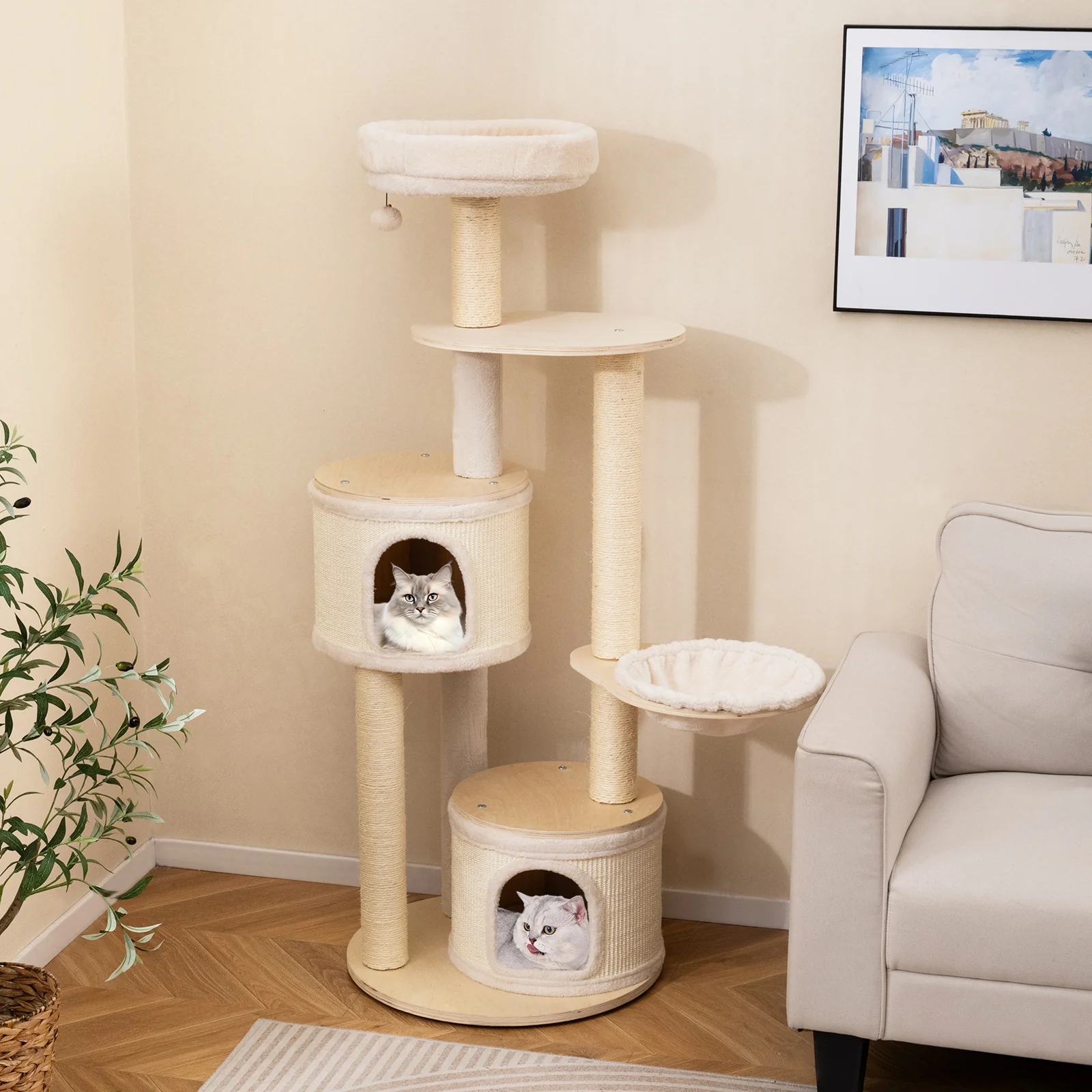 Wooden Kitten Tower with Sisal Scratching Posts and 2 Condos-NA, Natural - Image 2