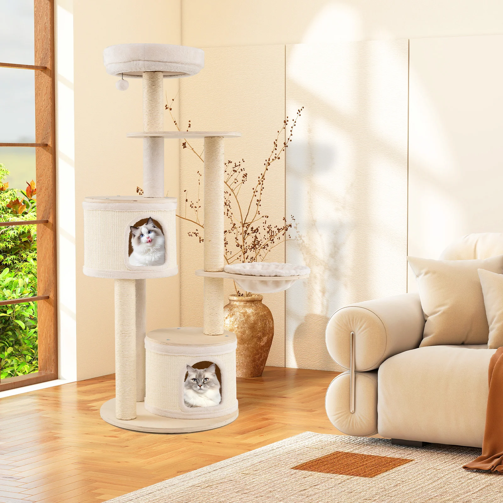 Wooden Kitten Tower with Sisal Scratching Posts and 2 Condos-NA, Natural - Image 3