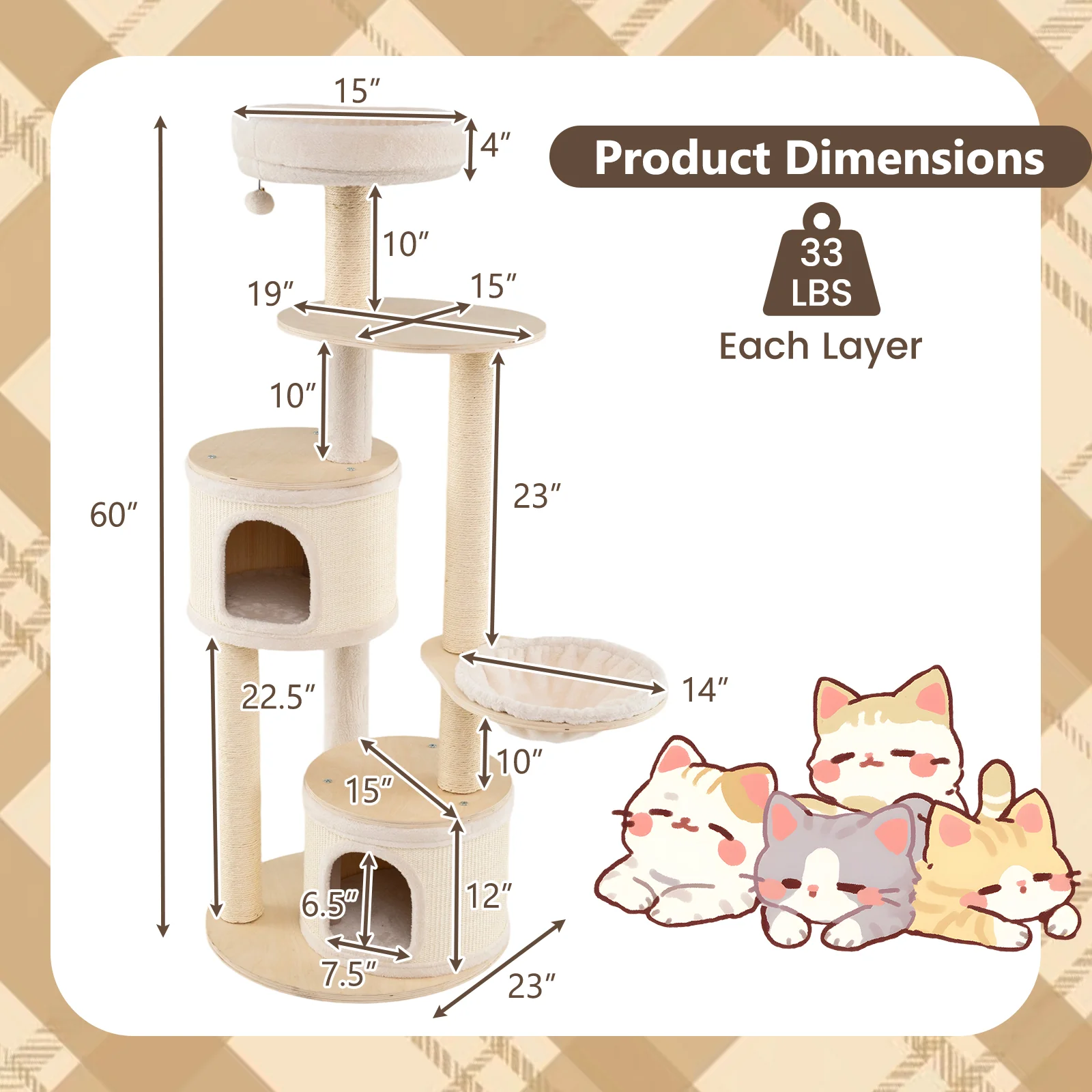 Wooden Kitten Tower with Sisal Scratching Posts and 2 Condos-NA, Natural - Image 6