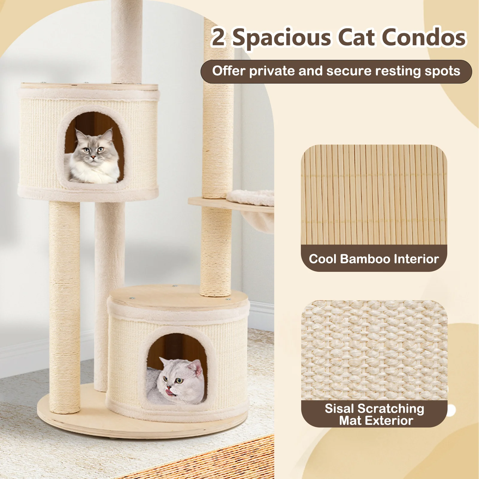 Wooden Kitten Tower with Sisal Scratching Posts and 2 Condos-NA, Natural - Image 7