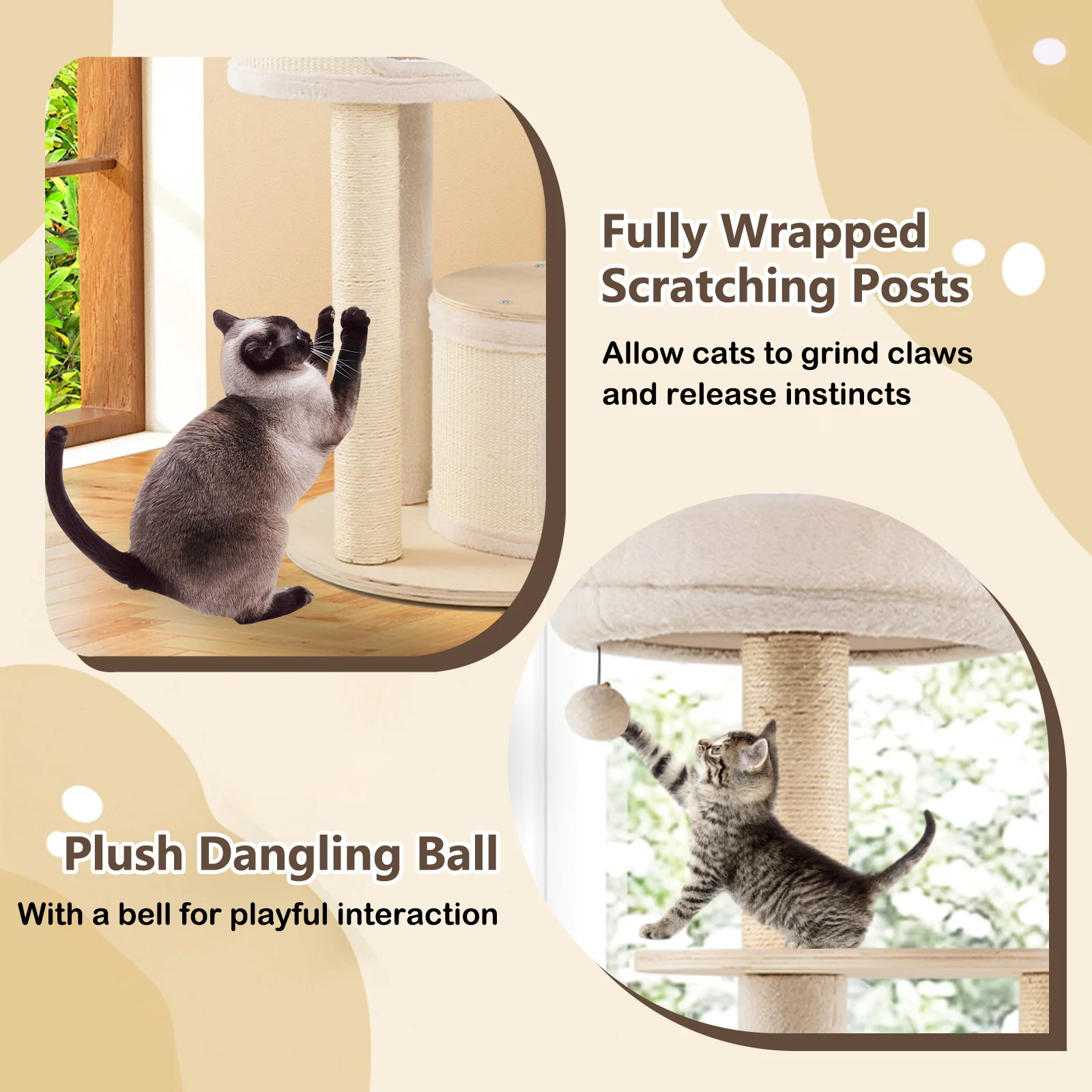 Wooden Kitten Tower with Sisal Scratching Posts and 2 Condos-NA, Natural - Image 9
