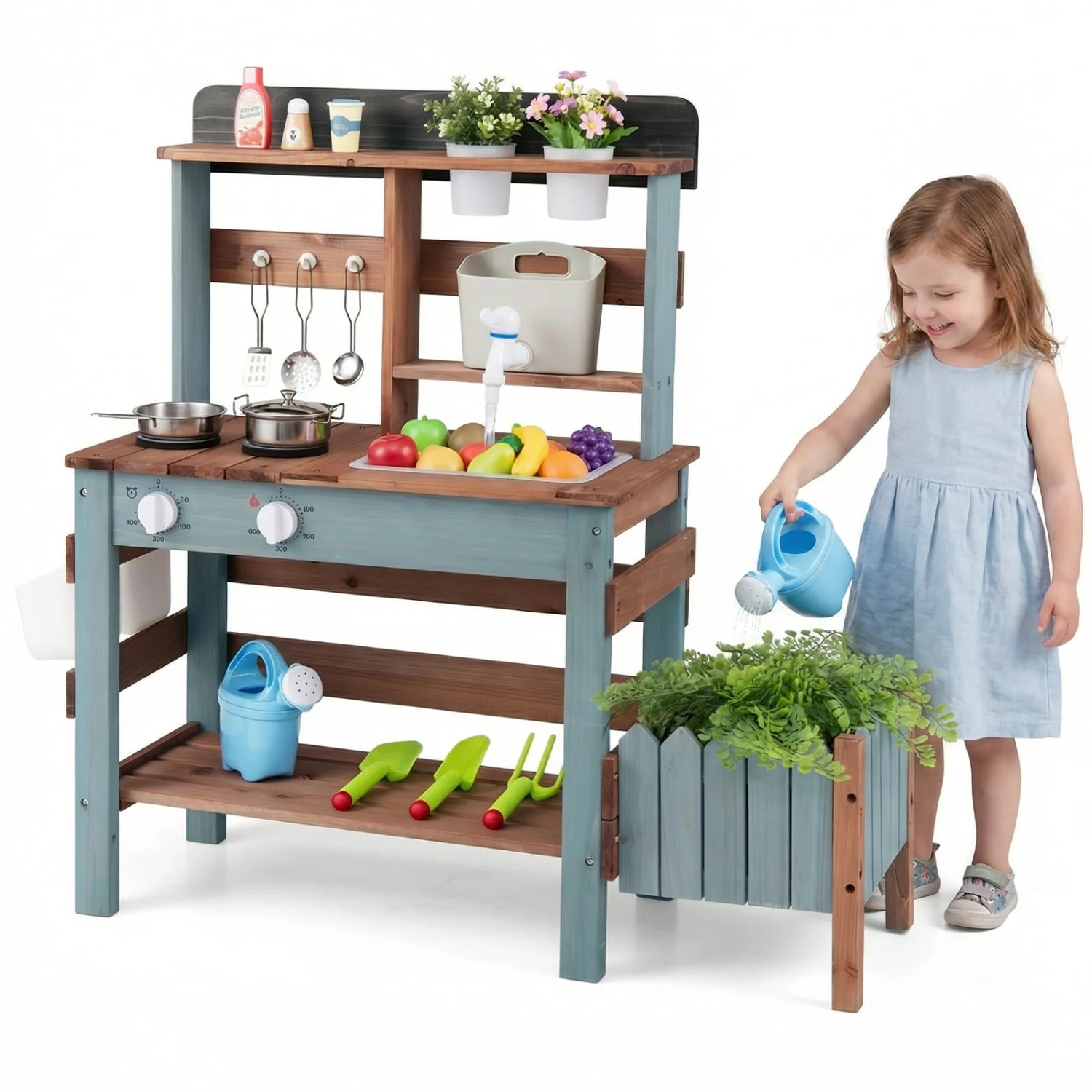 Wooden Mud Kitchen Set With Running Water Faucet Tank, Blue