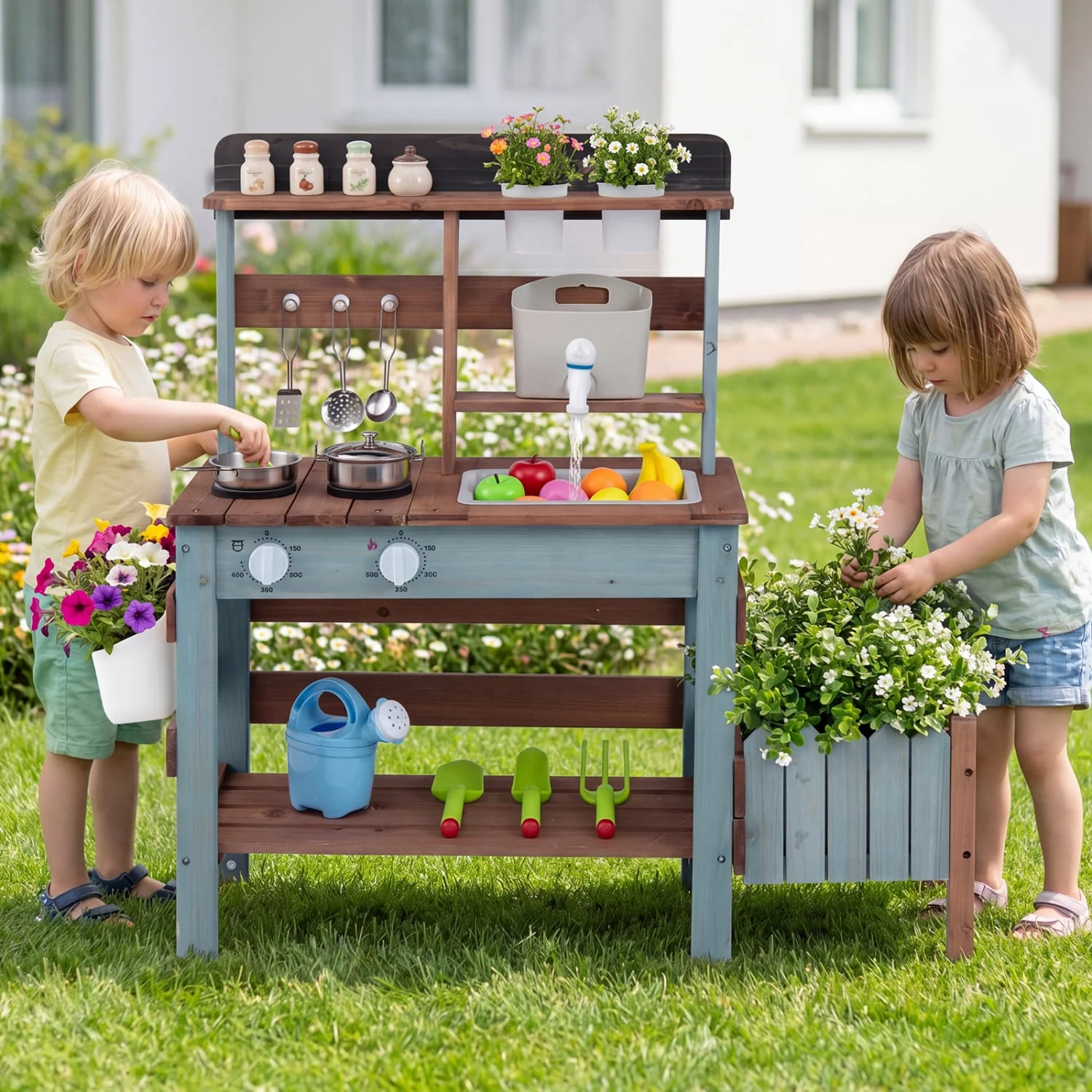 Wooden Mud Kitchen Set With Running Water Faucet Tank, Blue - Image 2