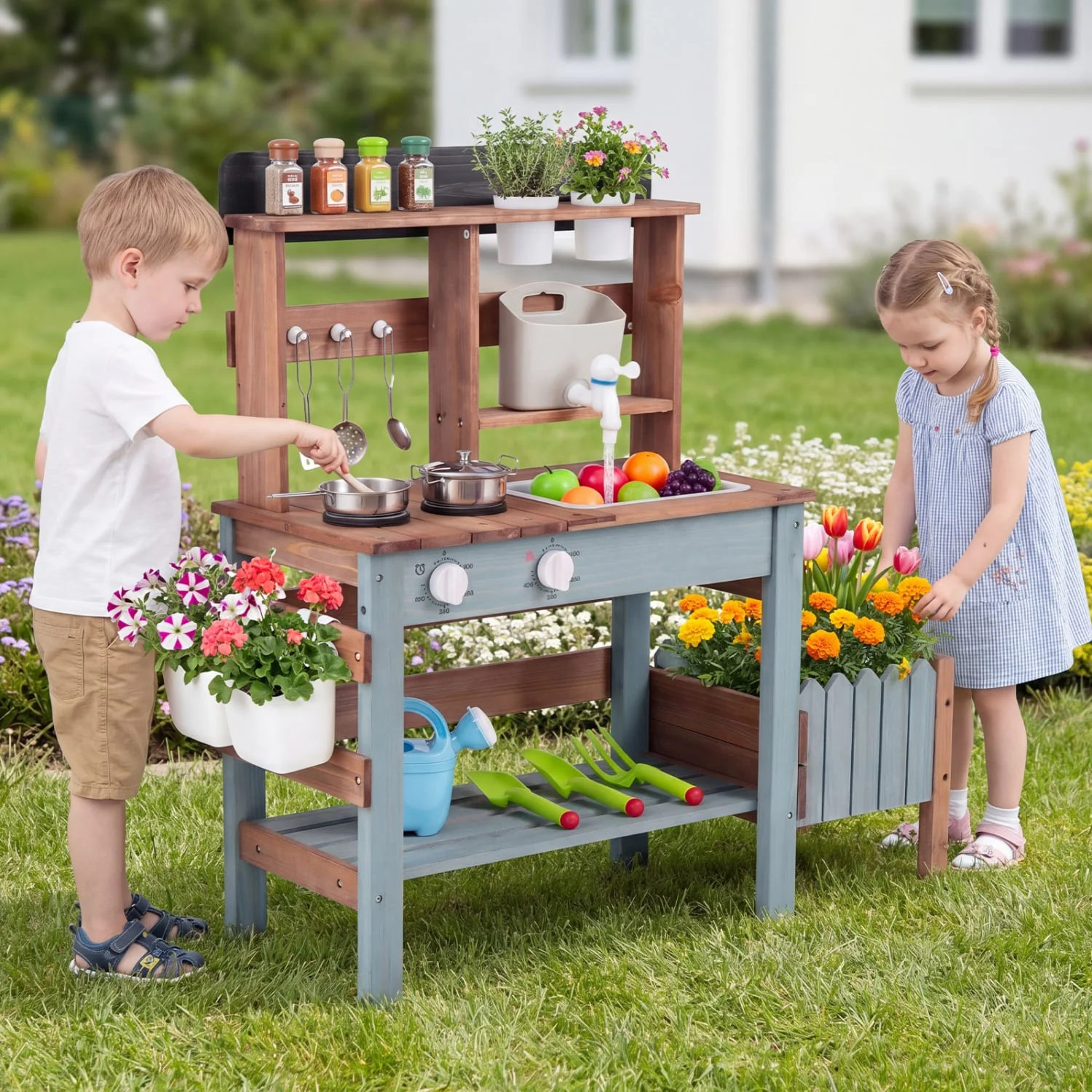Wooden Mud Kitchen Set With Running Water Faucet Tank, Blue - Image 3