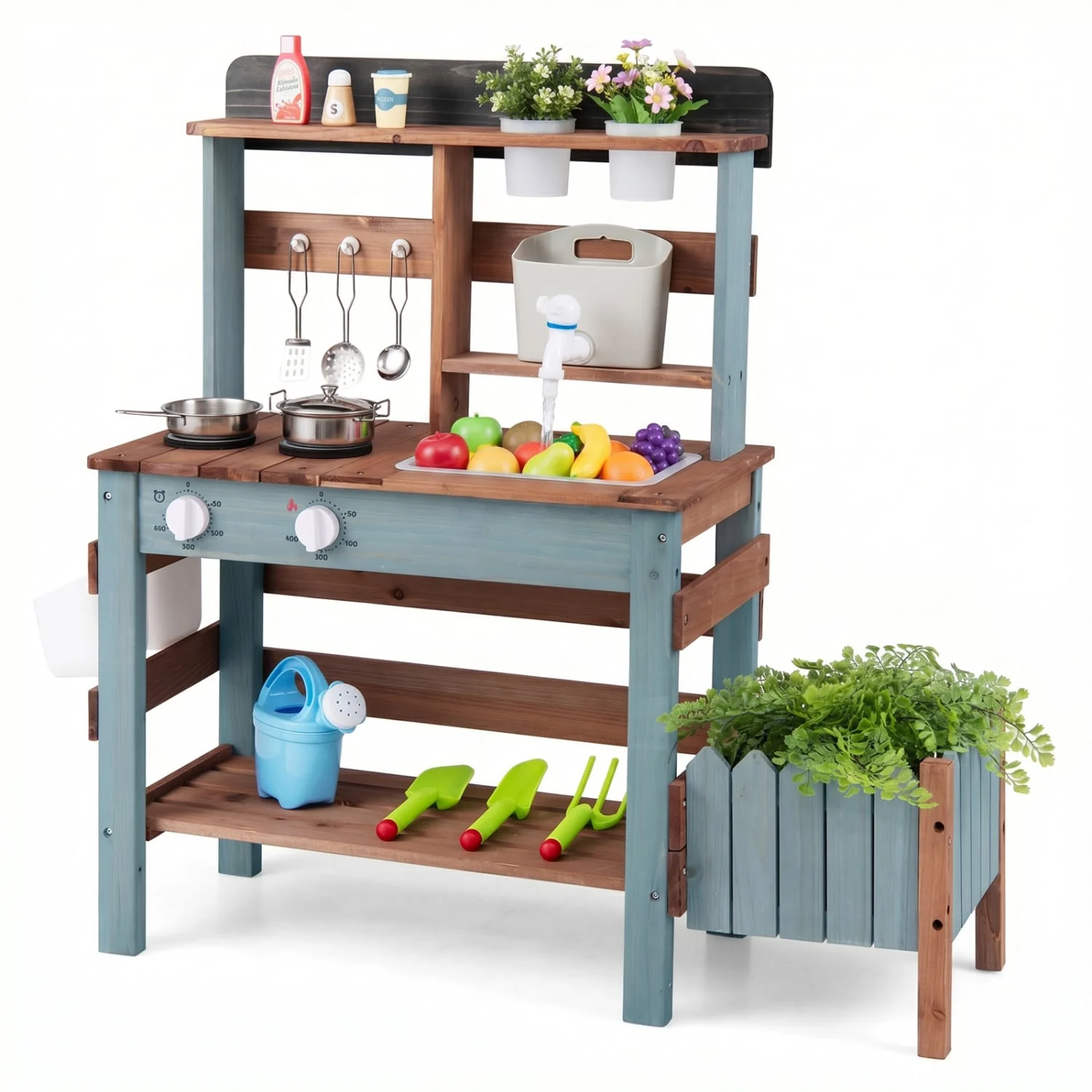 Wooden Mud Kitchen Set With Running Water Faucet Tank, Blue - Image 4
