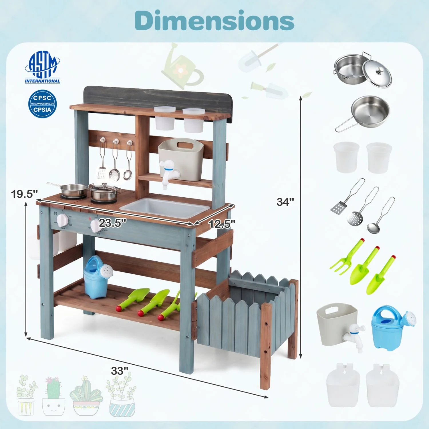 Wooden Mud Kitchen Set With Running Water Faucet Tank, Blue - Image 5