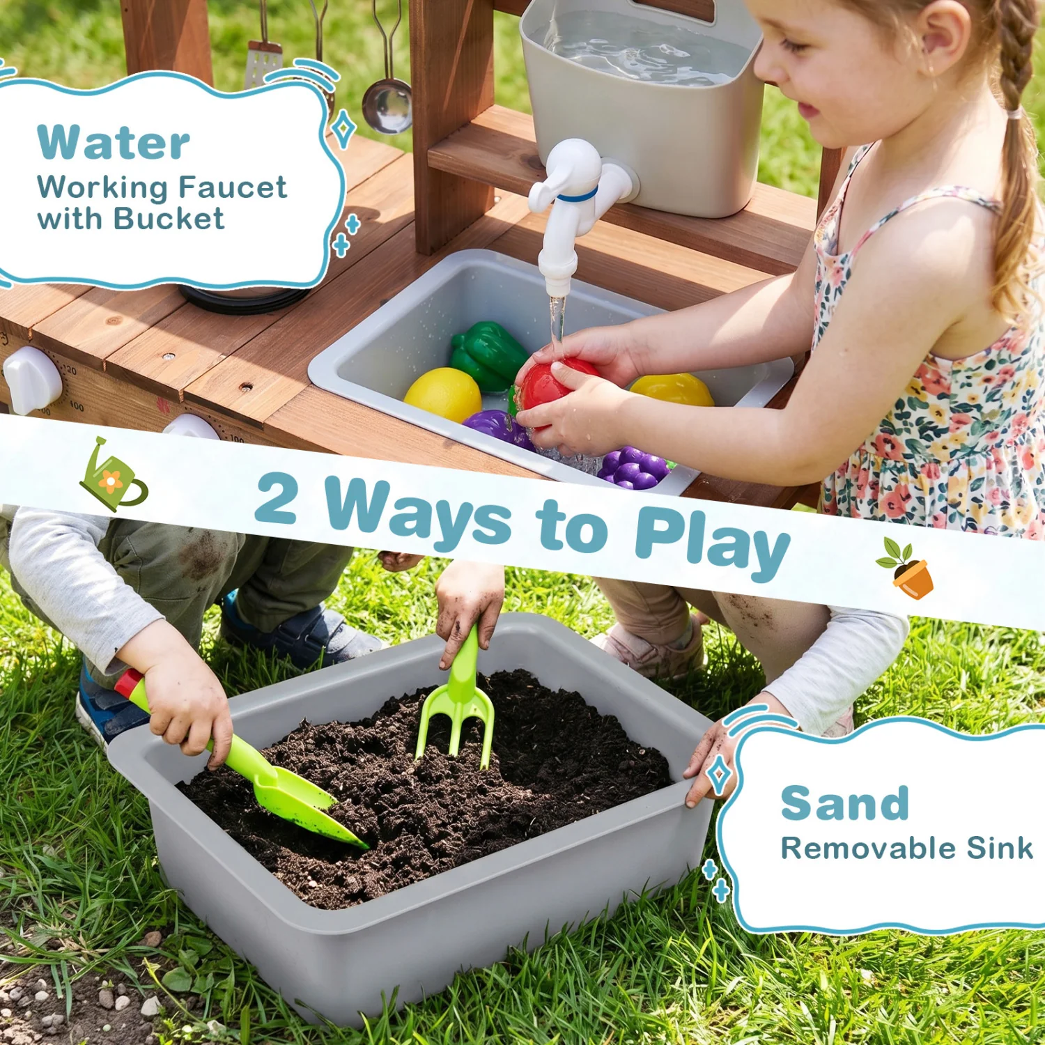 Wooden Mud Kitchen Set With Running Water Faucet Tank, Blue - Image 8
