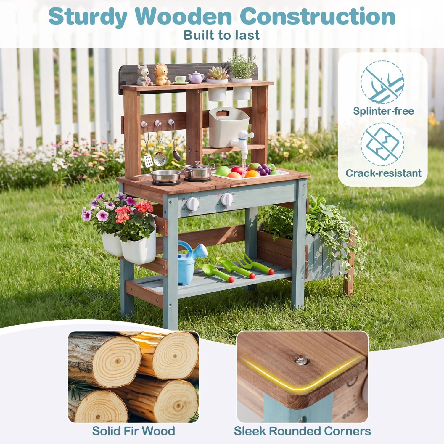 Wooden Mud Kitchen Set With Running Water Faucet Tank, Blue - Image 9