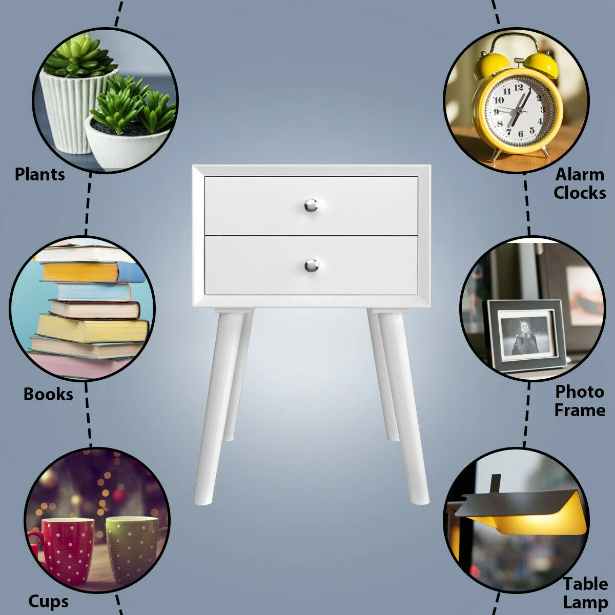Wooden Nightstand Mid-Century End Side Table with 2 Storage Drawers, White - Image 10
