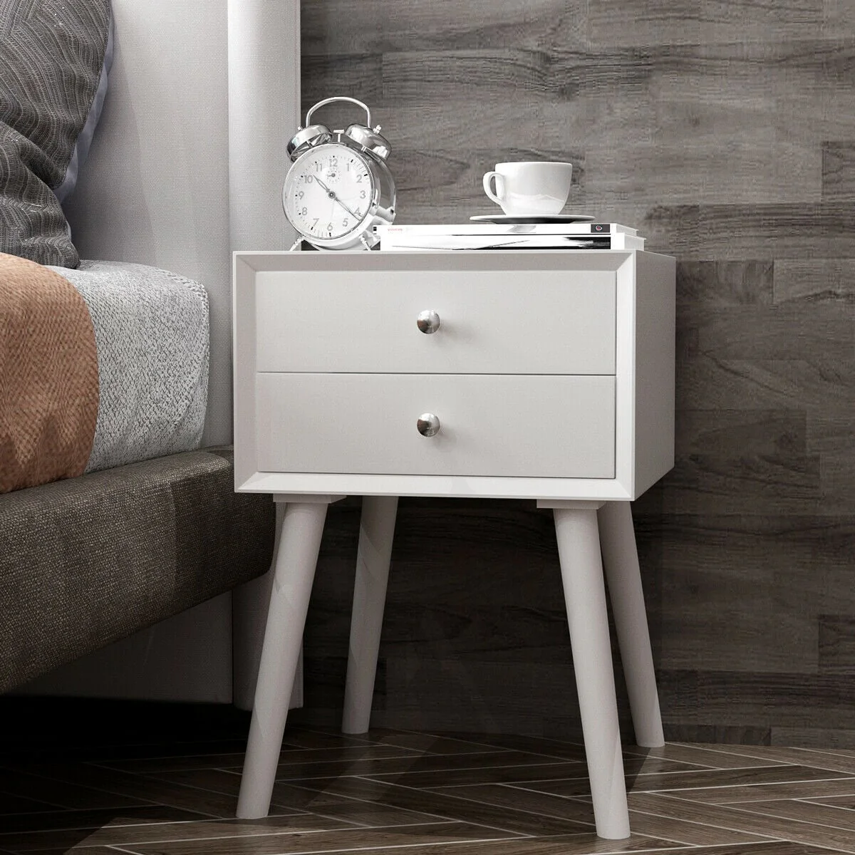 Wooden Nightstand Mid-Century End Side Table with 2 Storage Drawers, White - Image 2