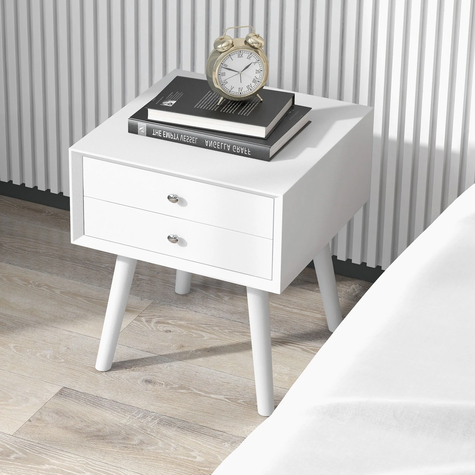 Wooden Nightstand Mid-Century End Side Table with 2 Storage Drawers, White - Image 3