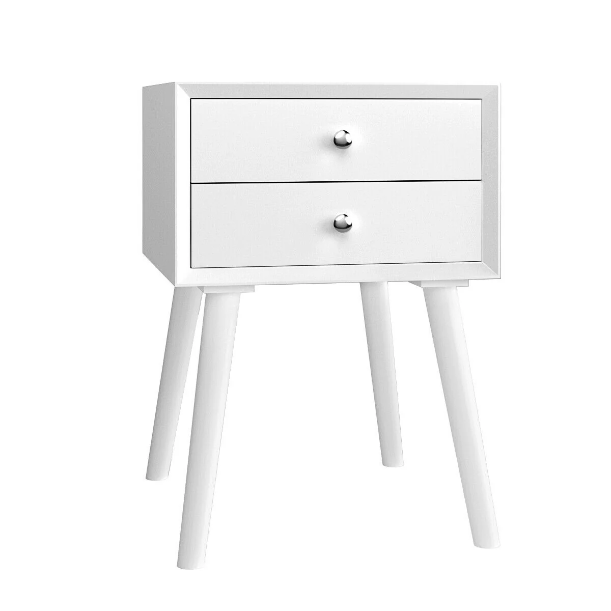 Wooden Nightstand Mid-Century End Side Table with 2 Storage Drawers, White - Image 4