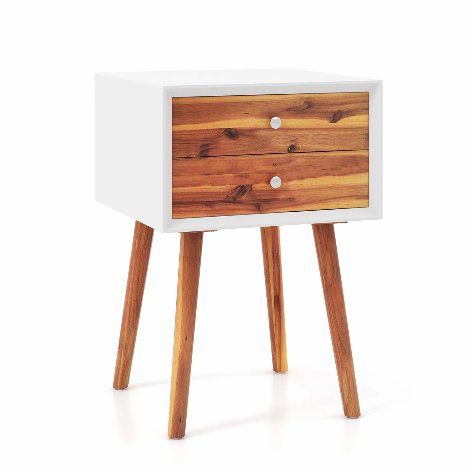 Wooden Nightstand, Mid-Century End Table, 2 Storage Drawers, Brown