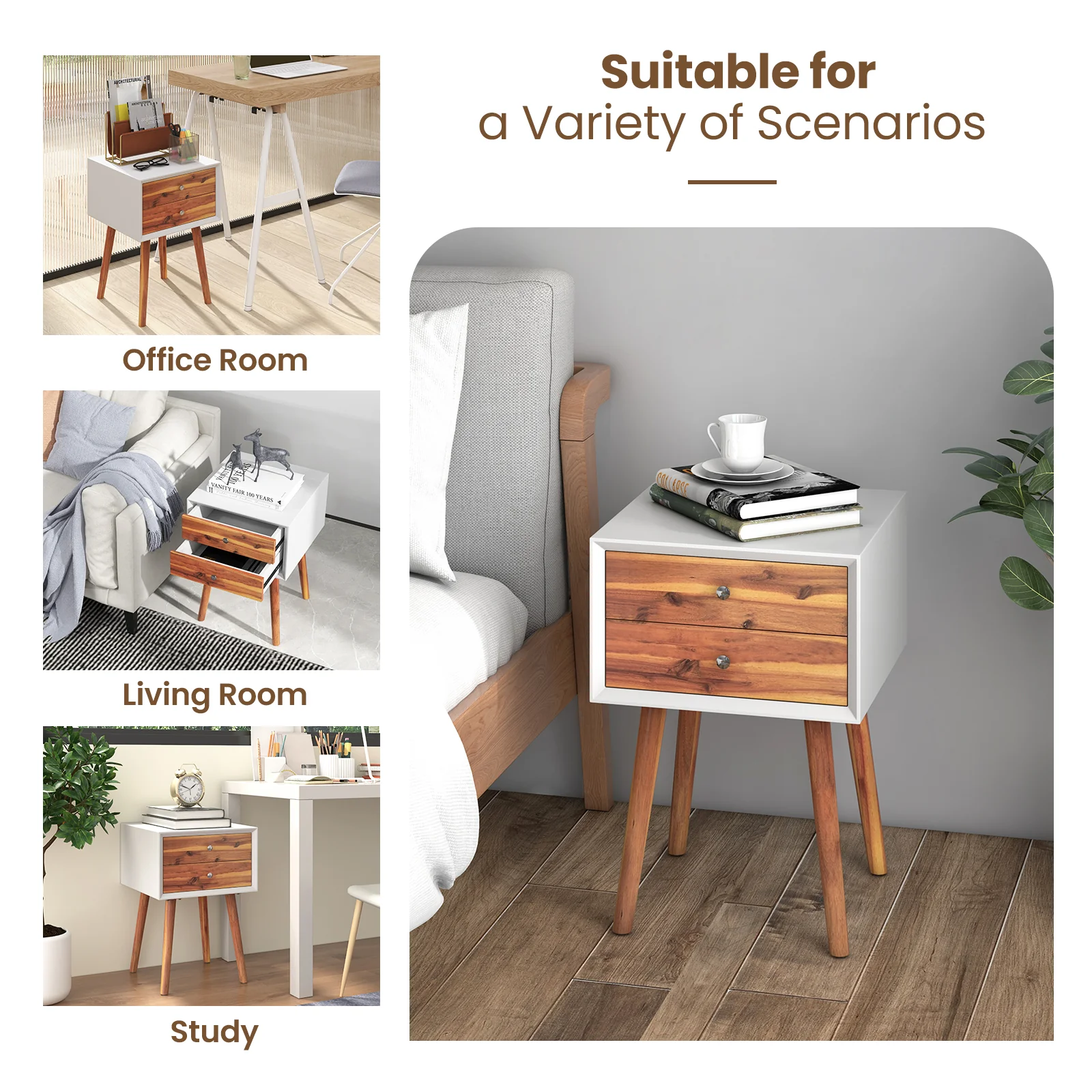 Wooden Nightstand, Mid-Century End Table, 2 Storage Drawers, Brown - Image 10