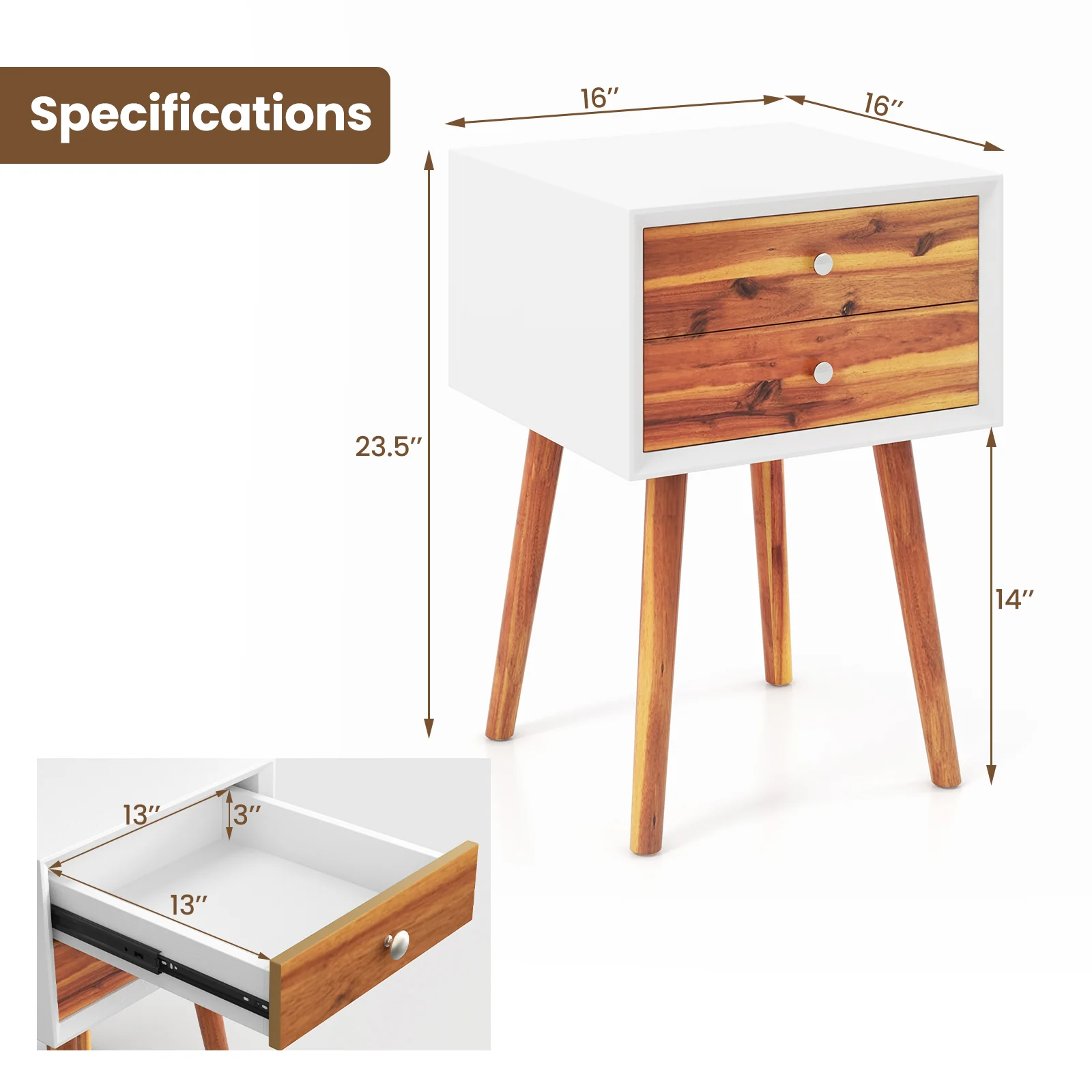 Wooden Nightstand, Mid-Century End Table, 2 Storage Drawers, Brown - Image 6