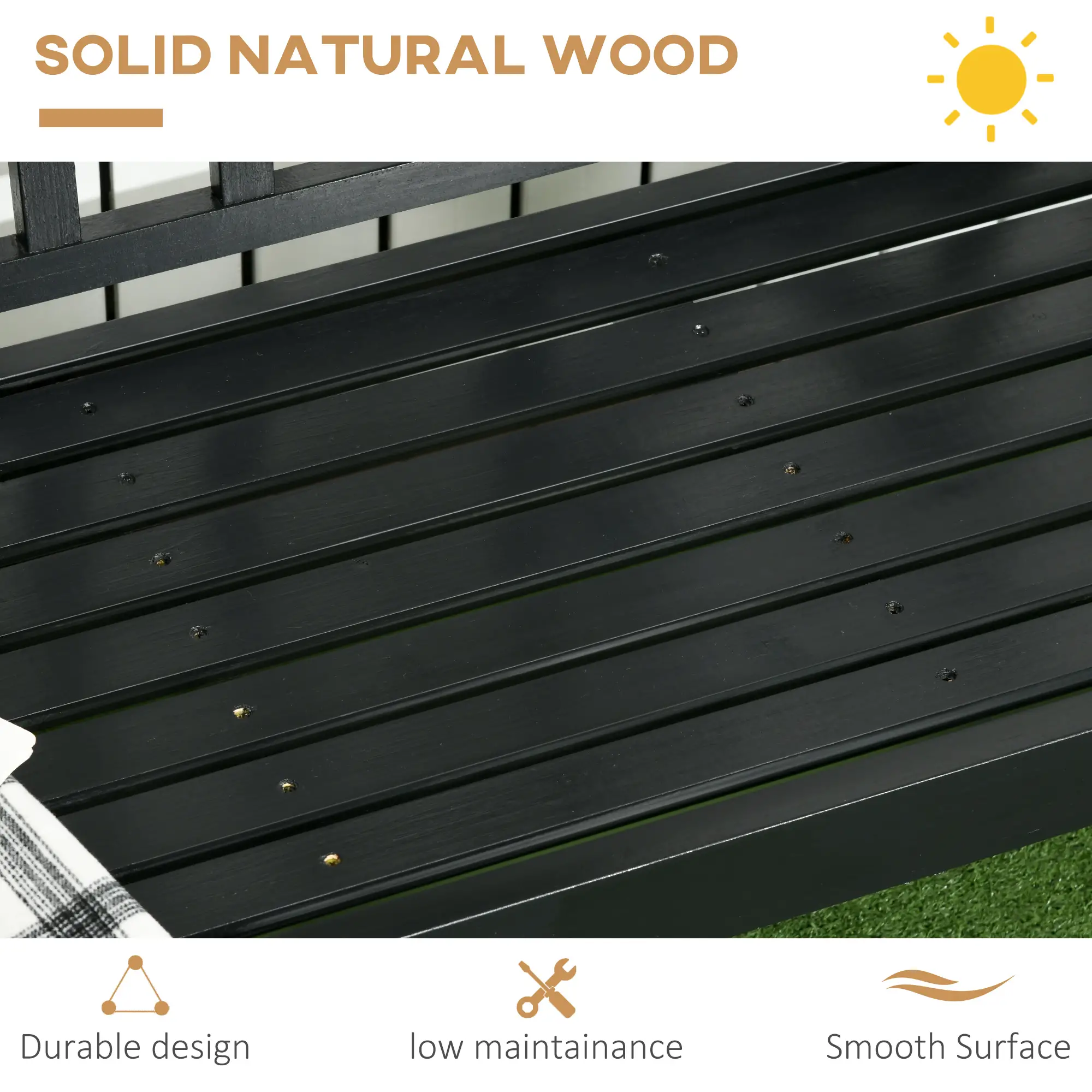 Wooden Outdoor Bench, 3 Person, Diamond Backrest, Slatted Seat, 792 LBS, Black - Image 6