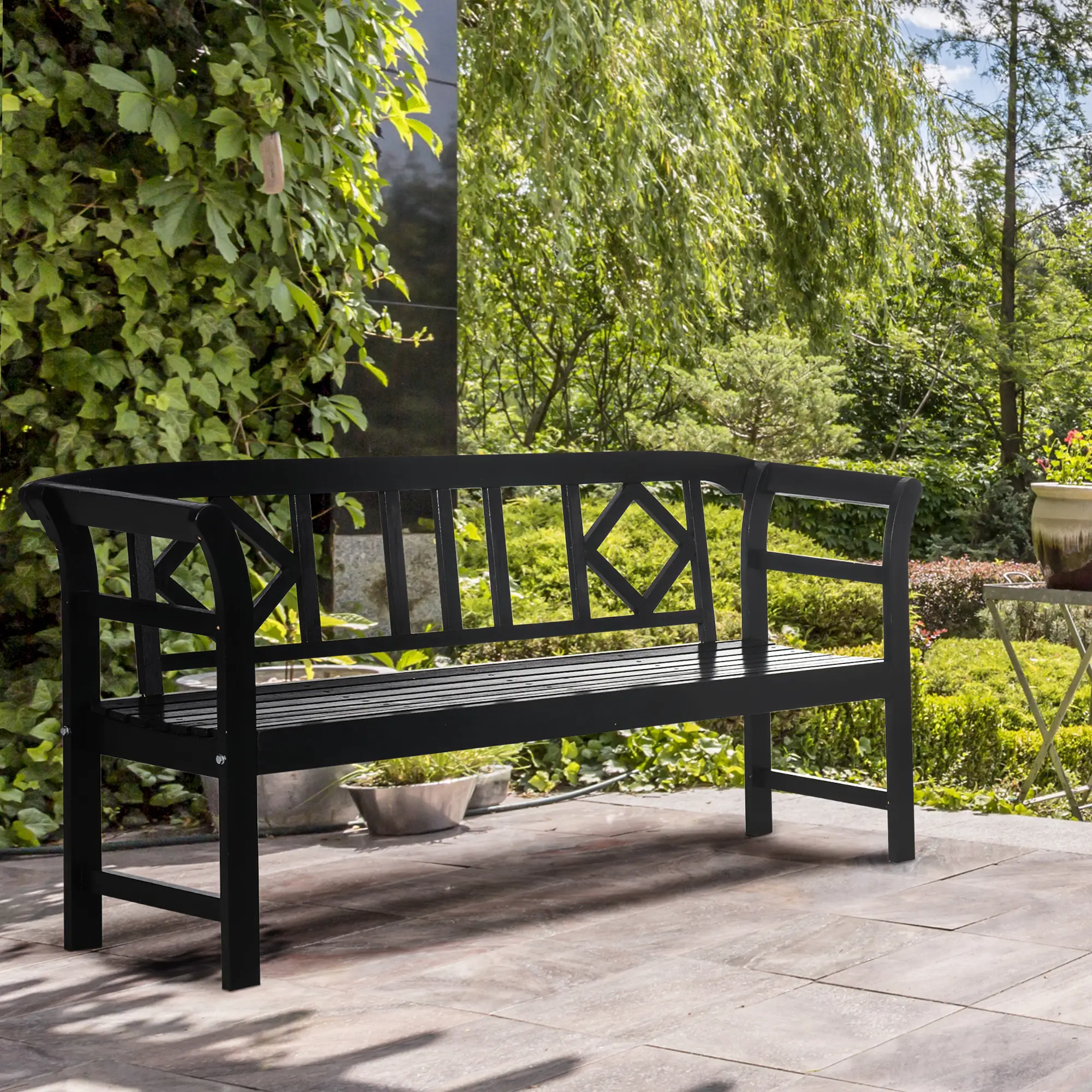 Wooden Outdoor Bench, 3 Person, Diamond Backrest, Slatted Seat, 792 LBS, Black - Image 8