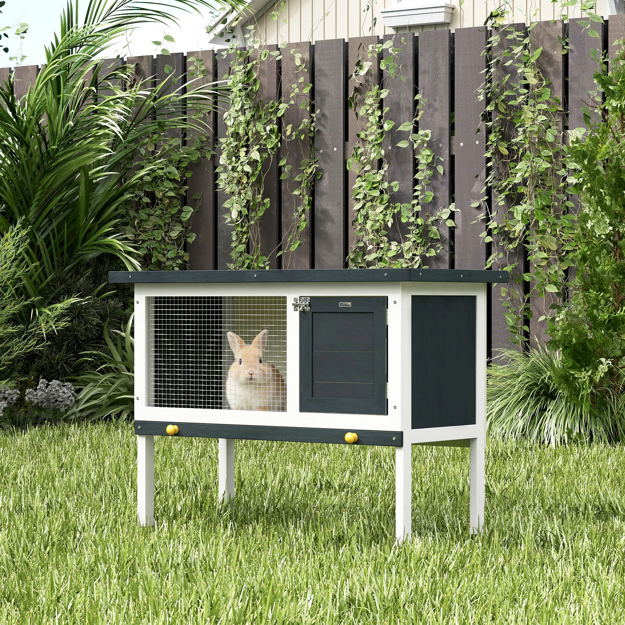Wooden Outdoor Rabbit Hutch, Slide-Out Tray, Openable Roof, 35" W x 18" D x 26" H, Black - Image 2