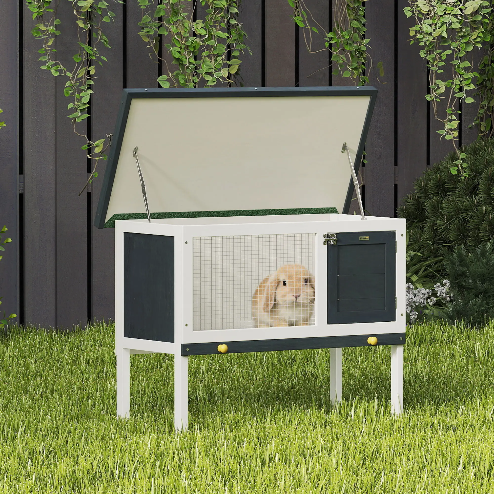Wooden Outdoor Rabbit Hutch, Slide-Out Tray, Openable Roof, 35" W x 18" D x 26" H, Black - Image 8