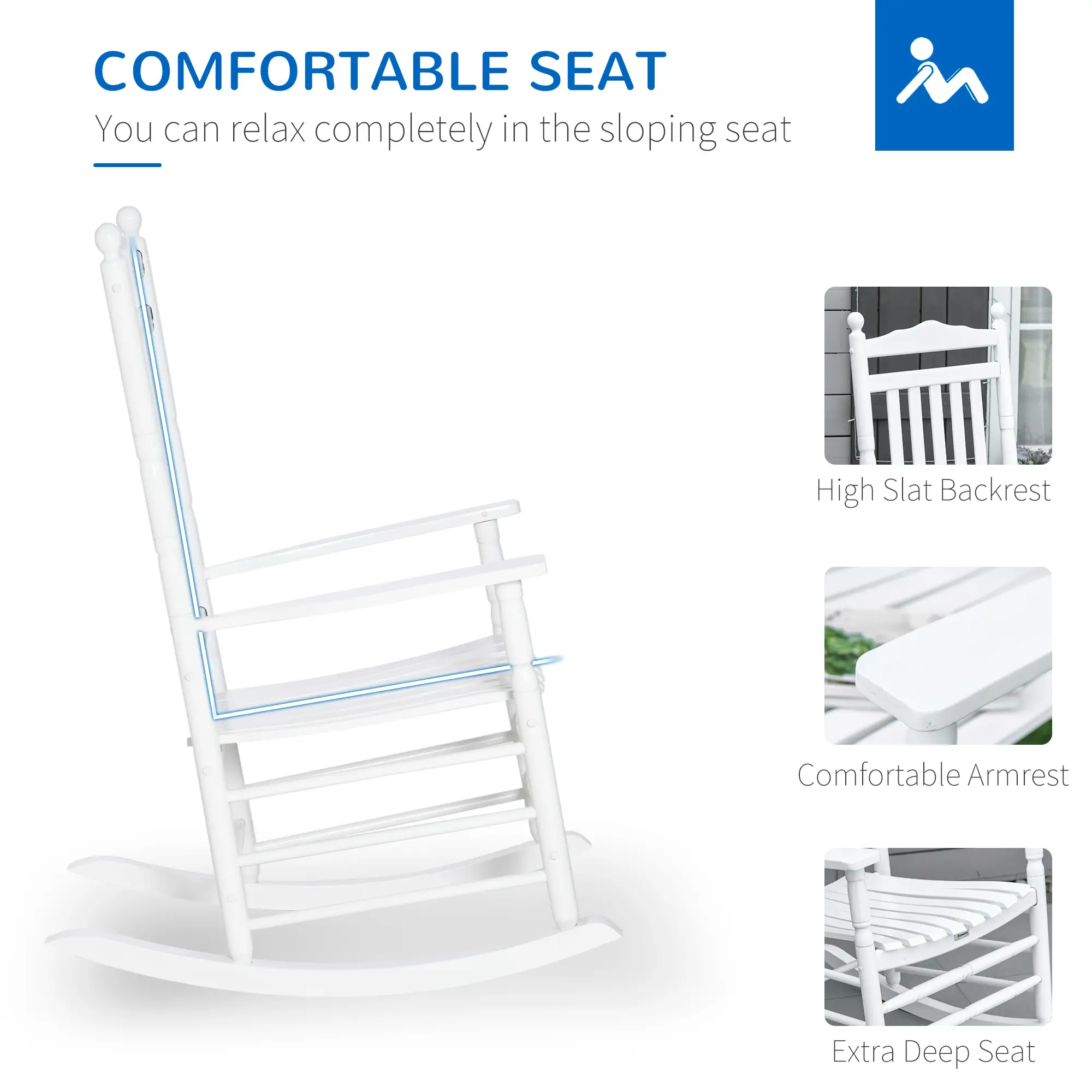 Wooden Outdoor Rocking Chair, Patio Chair with Slatted Back, White - Image 5