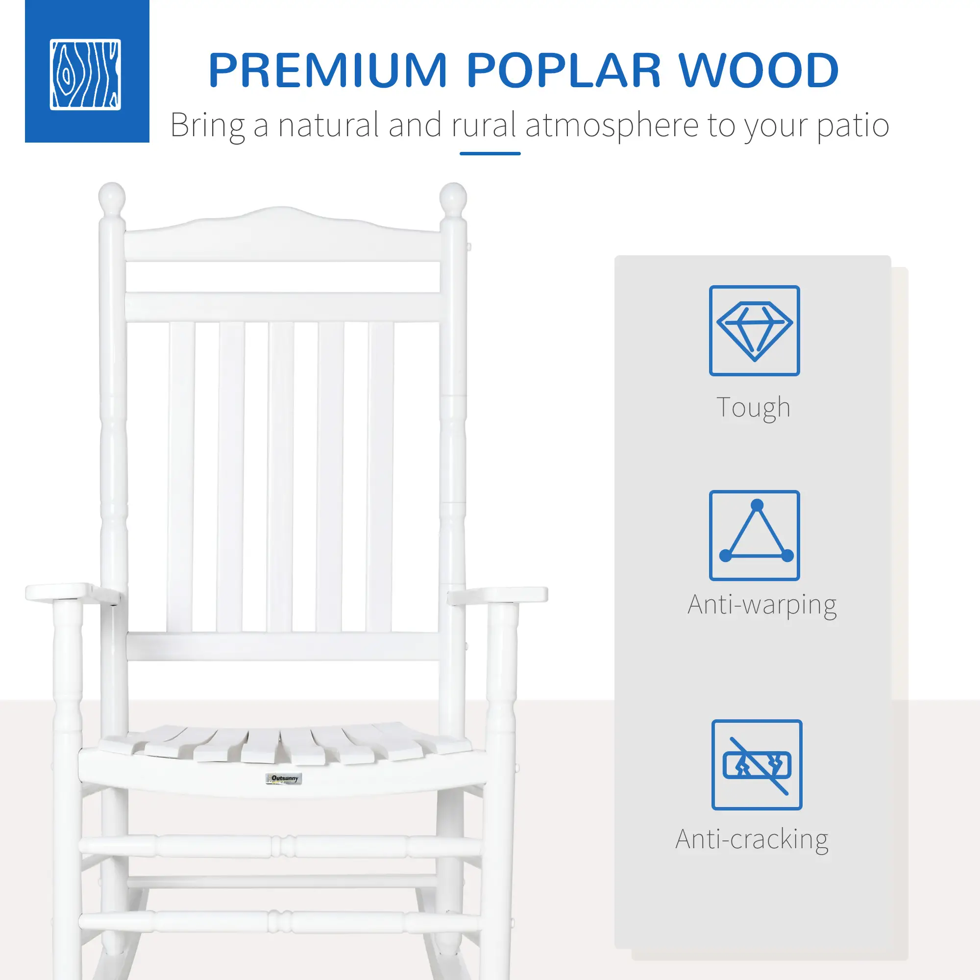 Wooden Outdoor Rocking Chair, Patio Chair with Slatted Back, White - Image 6