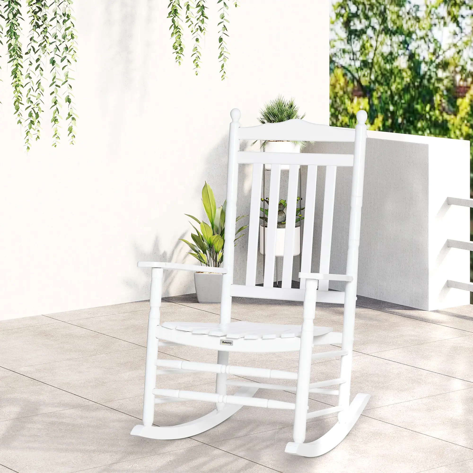 Wooden Outdoor Rocking Chair, Patio Chair with Slatted Back, White - Image 8