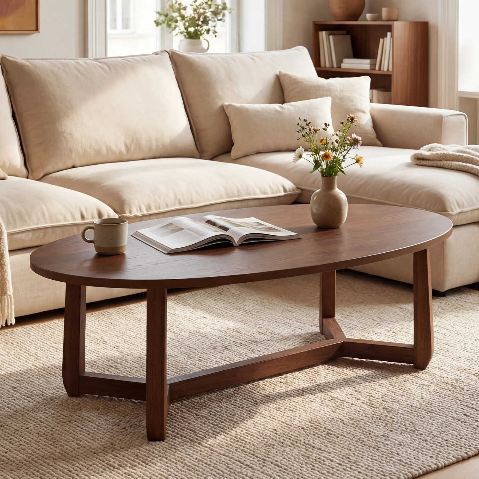 Wooden Oval Coffee Table, 46 Inches, Thickened Top, Walnut - Image 9
