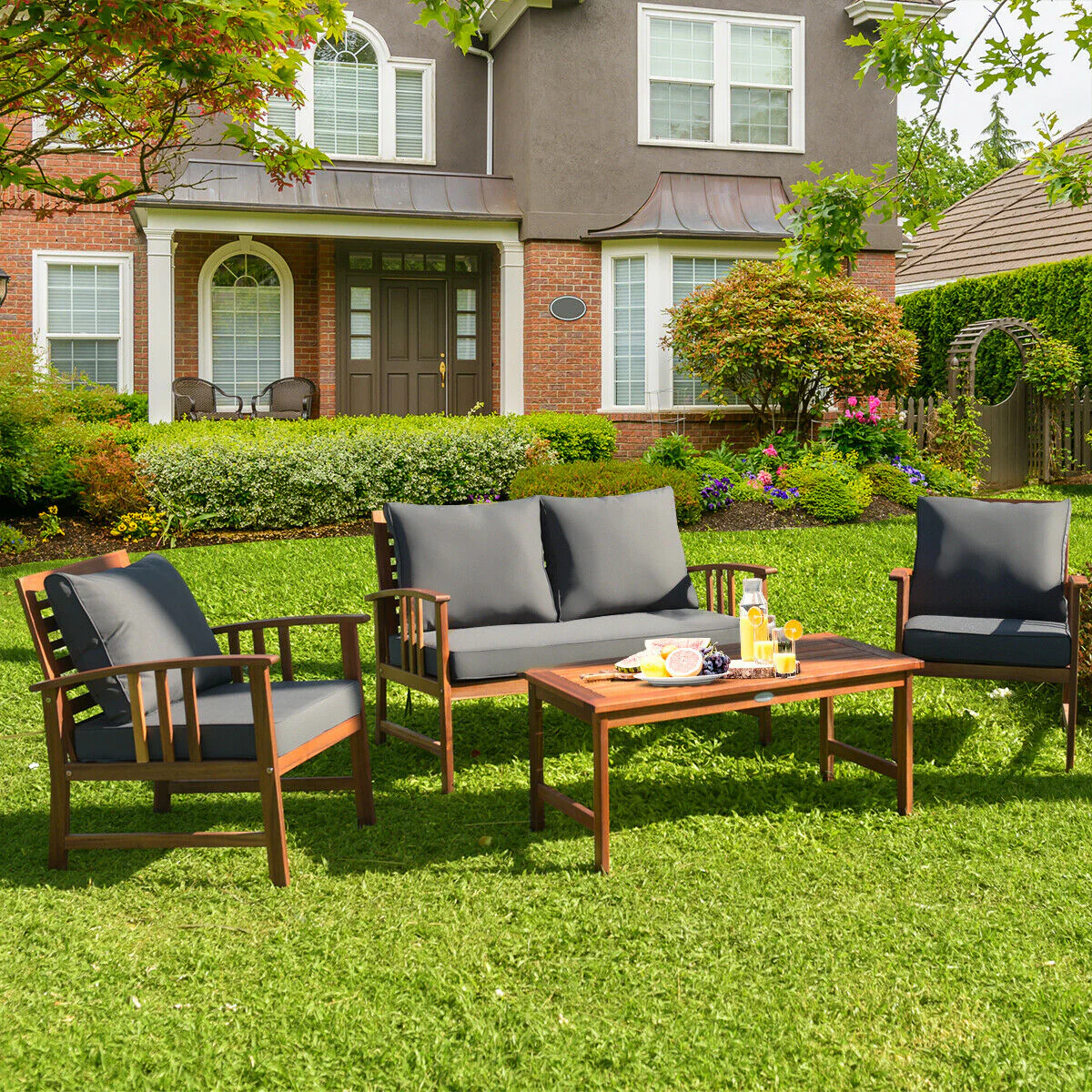 Wooden Patio Furniture Set, 4 Pieces, Table And Sofa Chair, Gray - Image 10