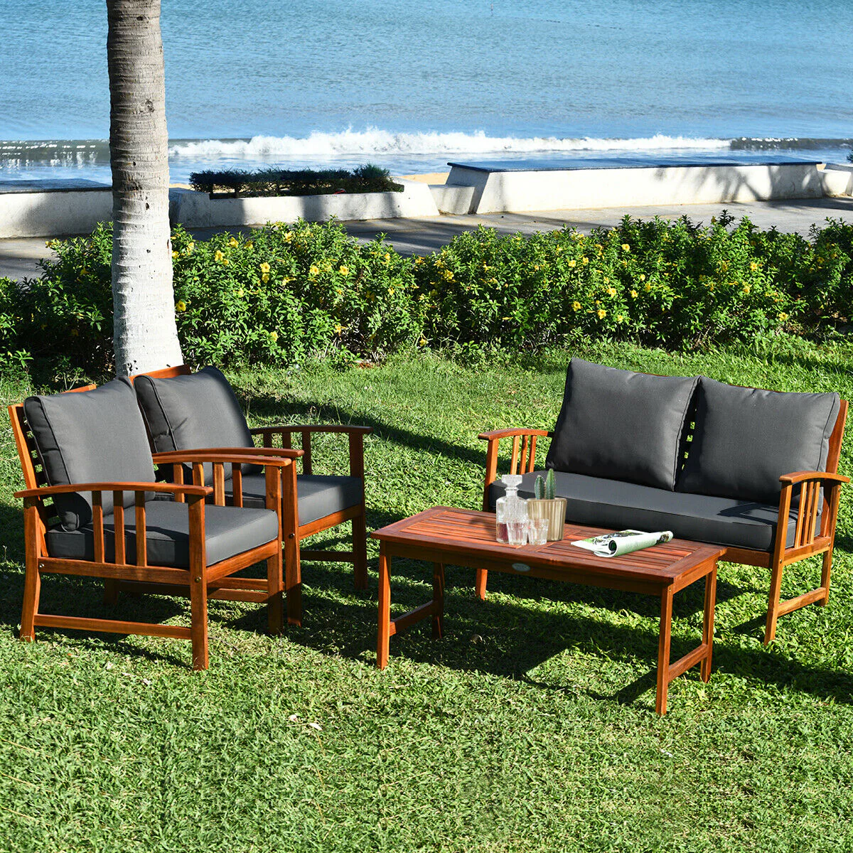 Wooden Patio Furniture Set, 4 Pieces, Table And Sofa Chair, Gray - Image 2