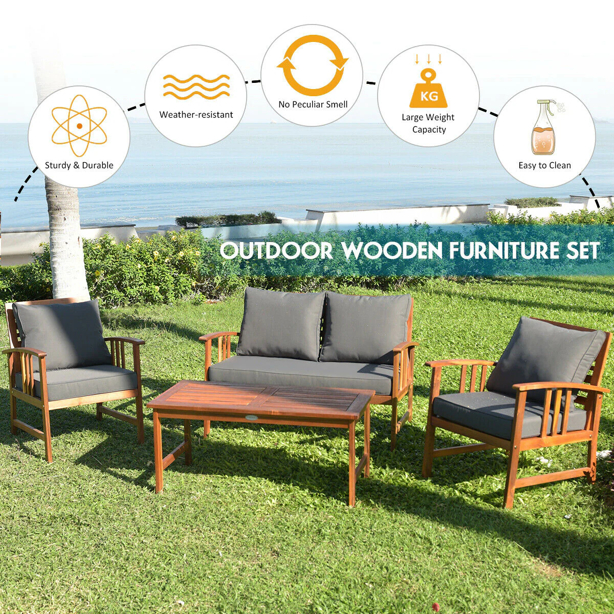 Wooden Patio Furniture Set, 4 Pieces, Table And Sofa Chair, Gray - Image 3
