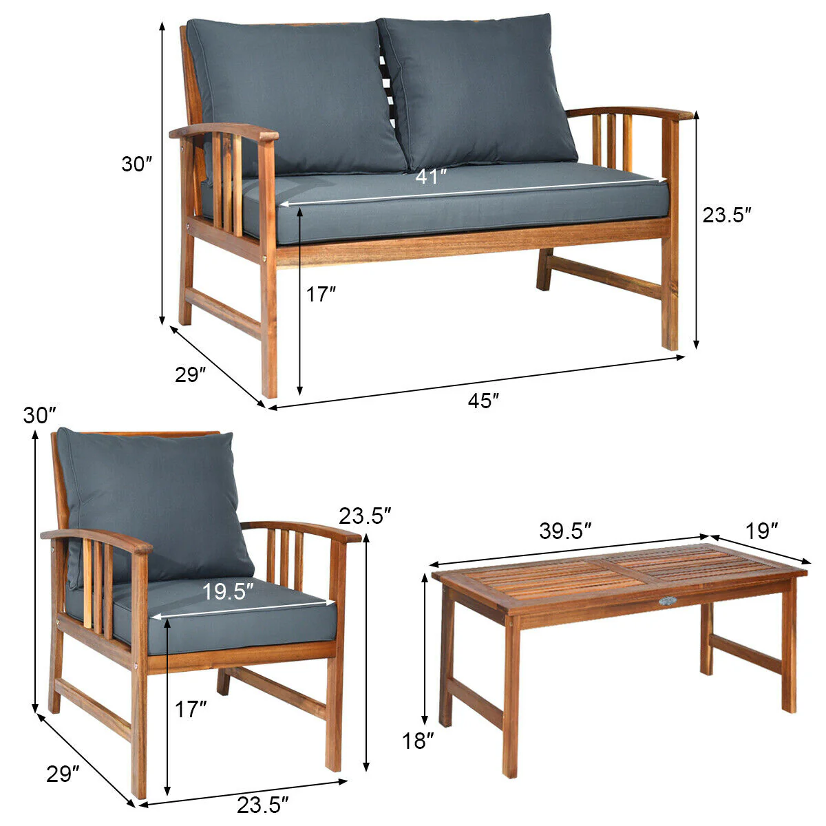 Wooden Patio Furniture Set, 4 Pieces, Table And Sofa Chair, Gray - Image 6