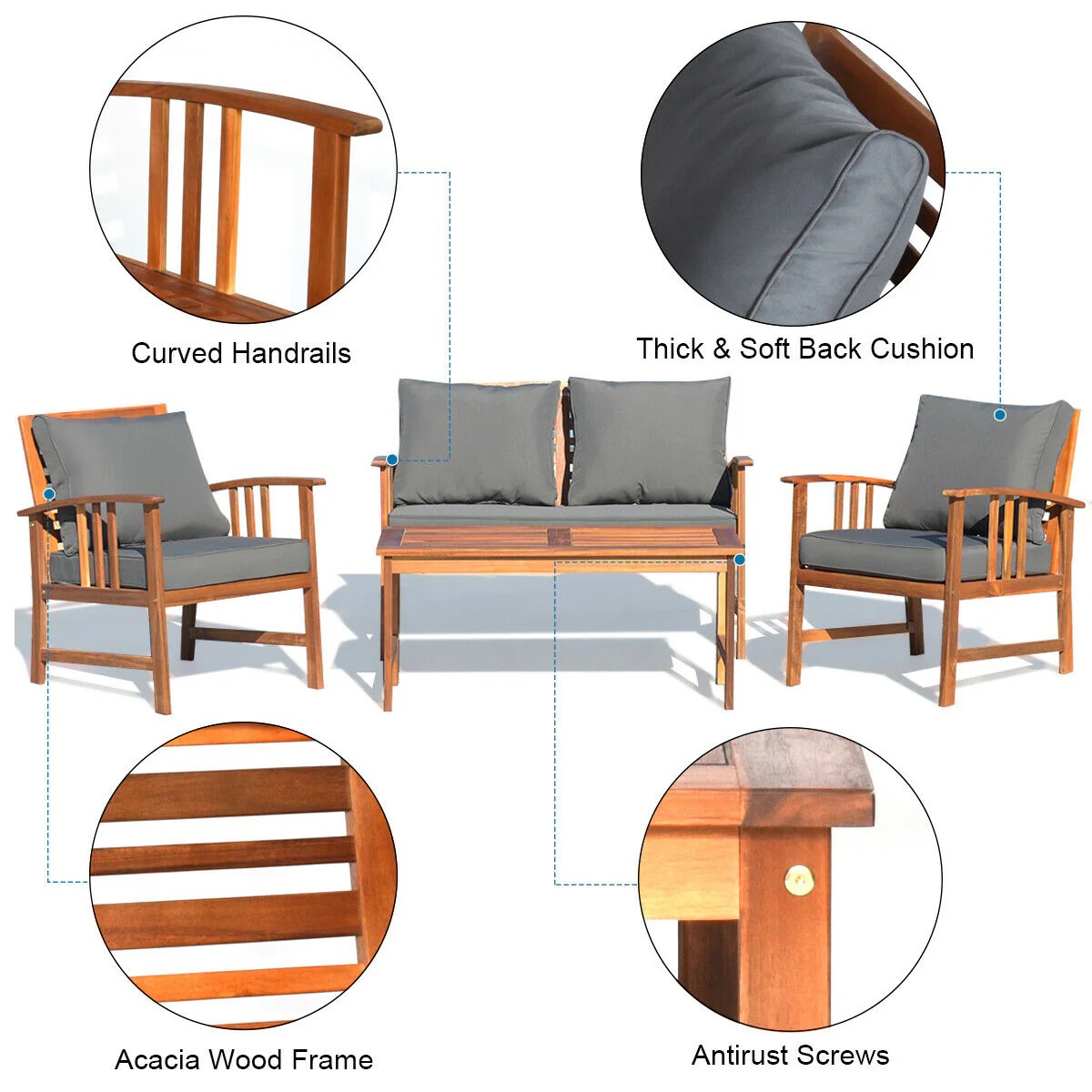 Wooden Patio Furniture Set, 4 Pieces, Table And Sofa Chair, Gray - Image 7