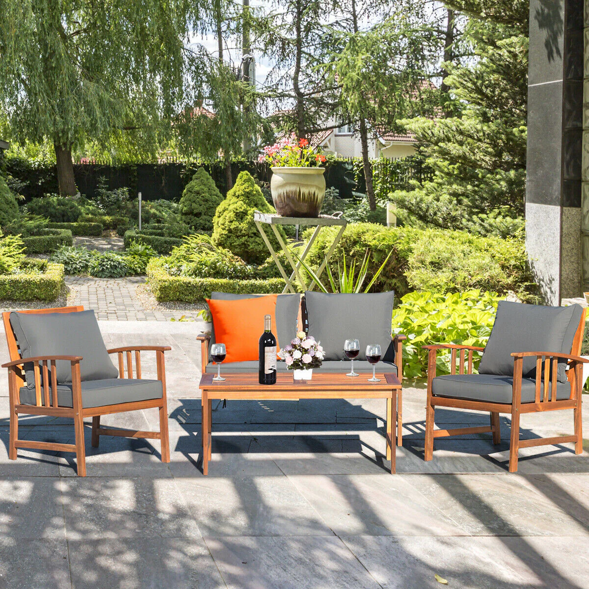 Wooden Patio Furniture Set, 4 Pieces, Table And Sofa Chair, Gray - Image 8