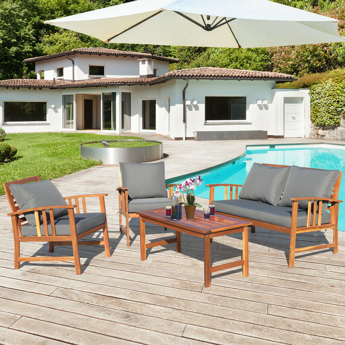 Wooden Patio Furniture Set, 4 Pieces, Table And Sofa Chair, Gray - Image 9