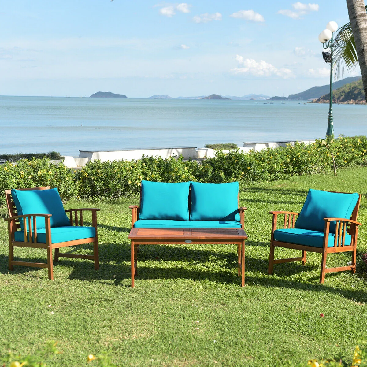 Wooden Patio Furniture Set, 4 Pieces, Table Sofa Chair Cushioned, Turquoise - Image 2