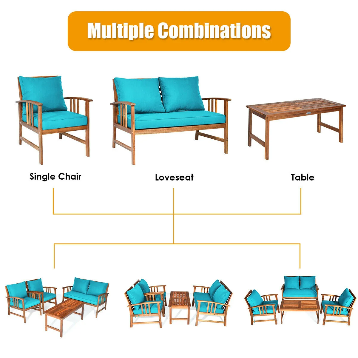 Wooden Patio Furniture Set, 4 Pieces, Table Sofa Chair Cushioned, Turquoise - Image 3