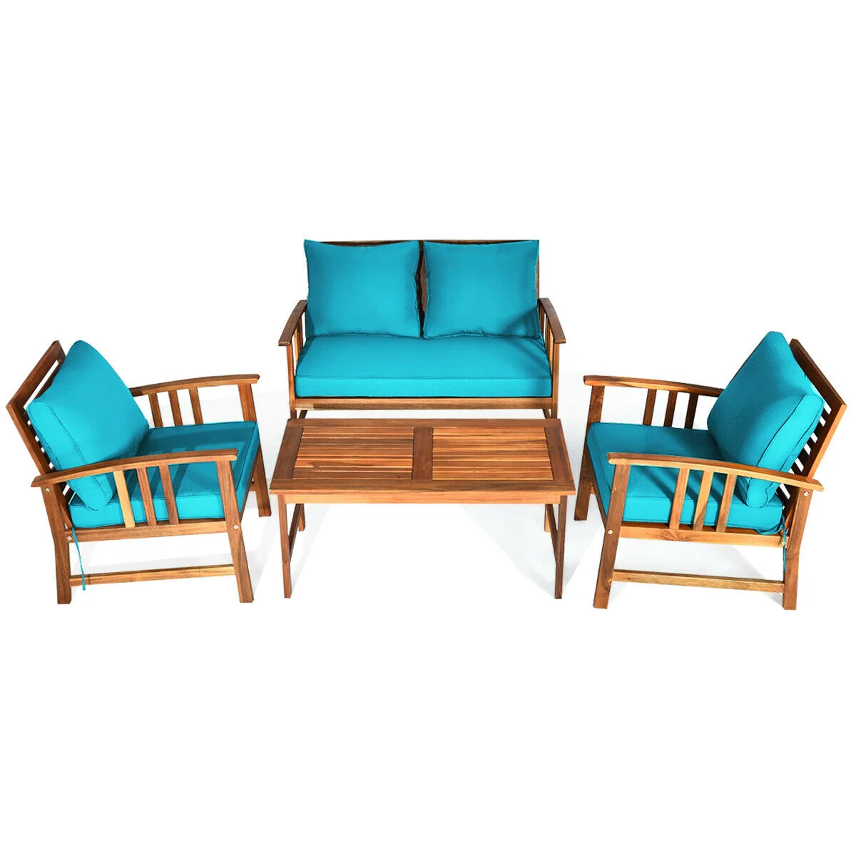 Wooden Patio Furniture Set, 4 Pieces, Table Sofa Chair Cushioned, Turquoise - Image 4