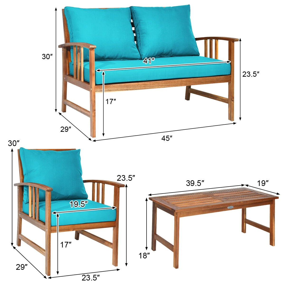 Wooden Patio Furniture Set, 4 Pieces, Table Sofa Chair Cushioned, Turquoise - Image 5