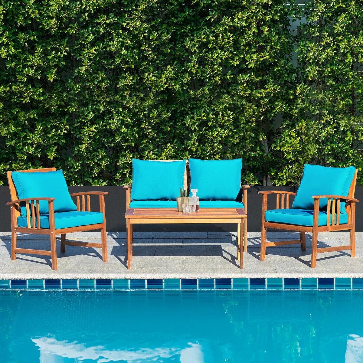 Wooden Patio Furniture Set, 4 Pieces, Table Sofa Chair Cushioned, Turquoise - Image 8