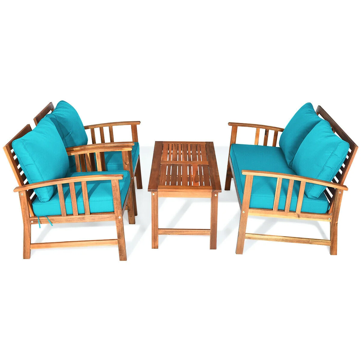 Wooden Patio Furniture Set, 4 Pieces, Table Sofa Chair Cushioned, Turquoise - Image 9