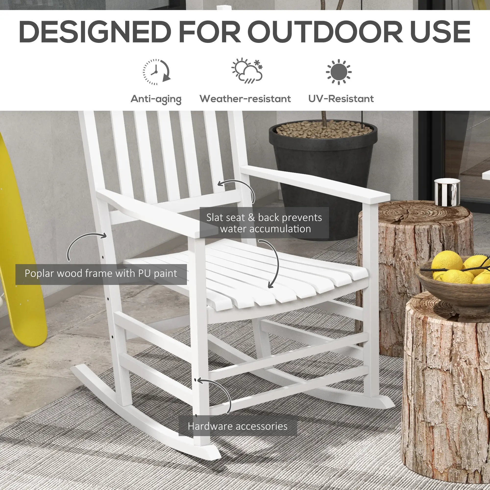 Wooden Patio Rocking Chairs Set of 2, Outdoor Rocker, High Back, White - Image 4