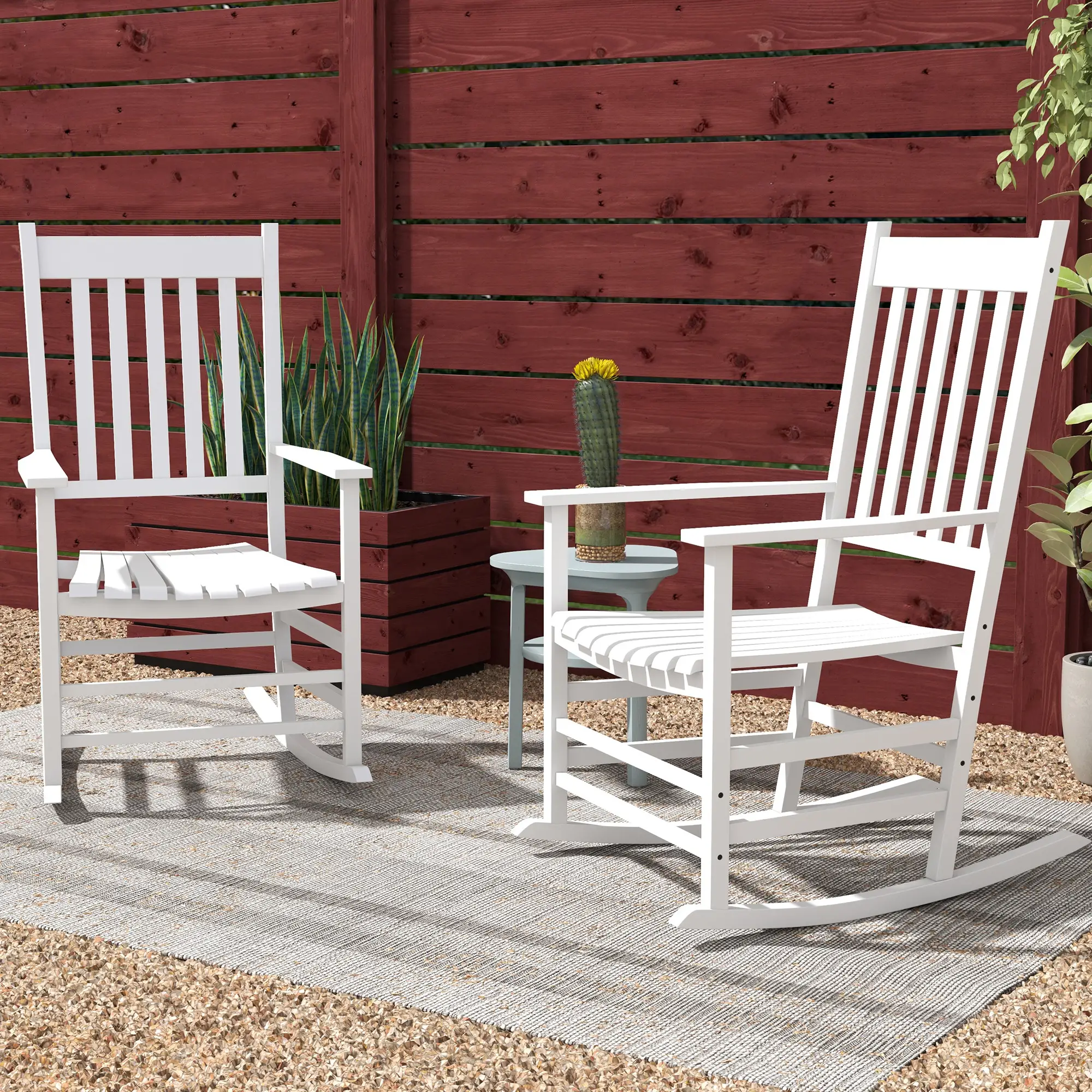 Wooden Patio Rocking Chairs Set of 2, Outdoor Rocker, High Back, White - Image 7