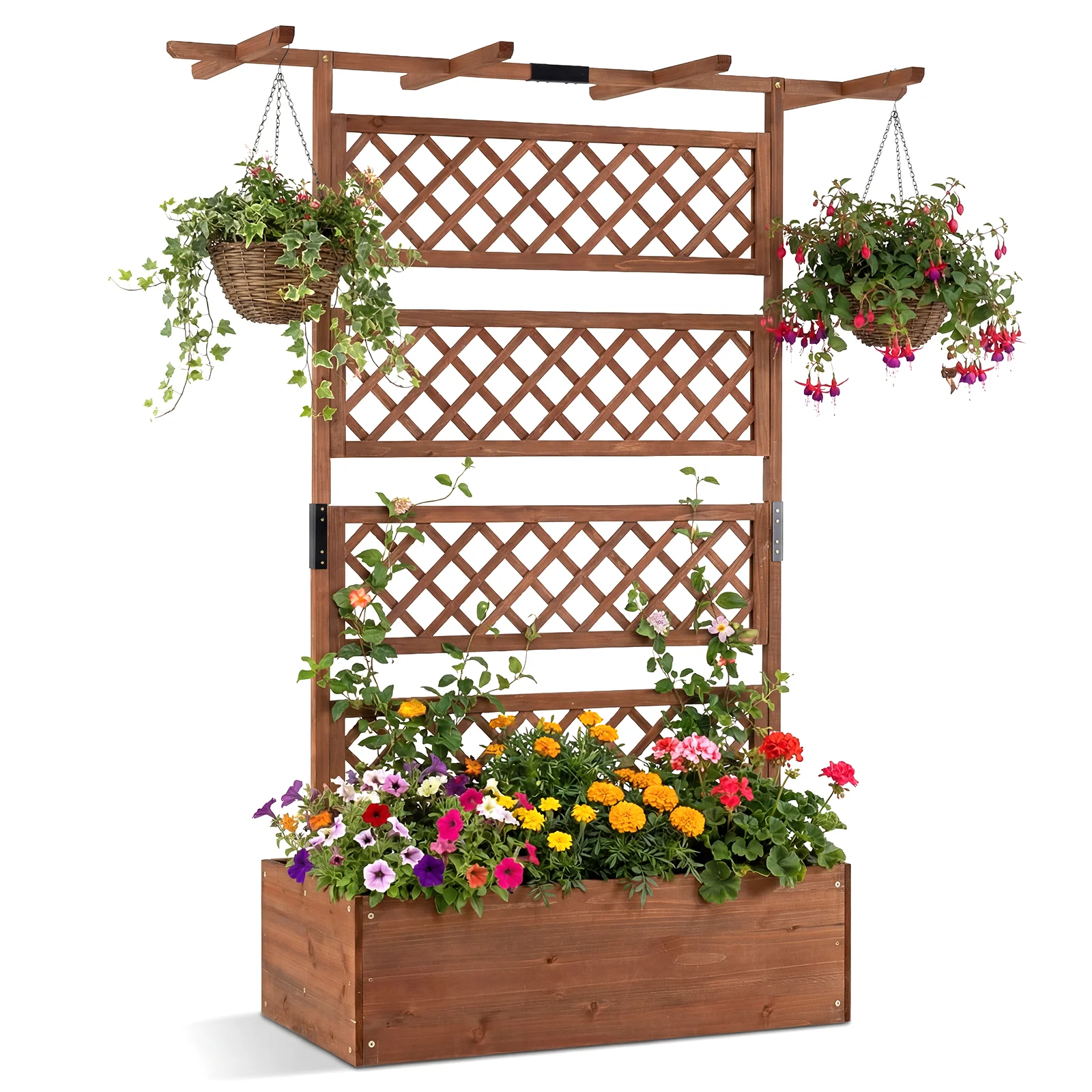 Wooden Planter Box With Lattice Trellis, Raised Garden Bed, Brown